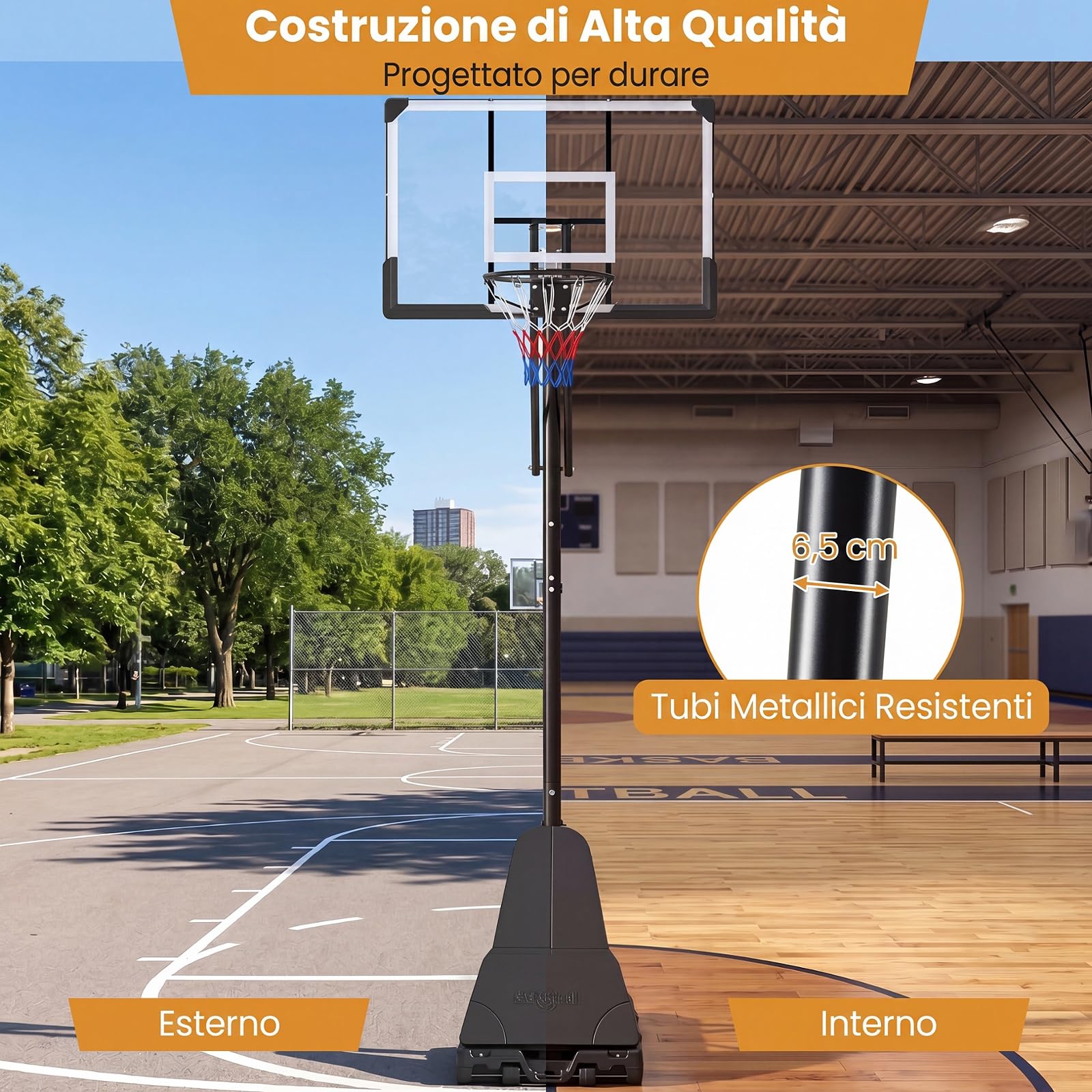 COSTWAY Canestro Basket da Esterno, Canestro da Basket Professionale con Altezza Regolabile 245-305 cm, Portatile con Ruote, Base Riempibile, Sistema di Ritorno e Tabellone Infrangibile | Altezza Regolazione a 5 Livelli 245-305 cm, Base Riempibile, Tabell