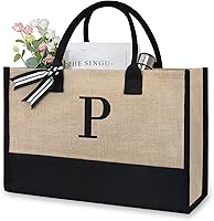Vista 536 de TOPDesign Personalized Initial Canvas Beach Bag, Monogrammed Gift Tote Bag for Women Negro y marrón