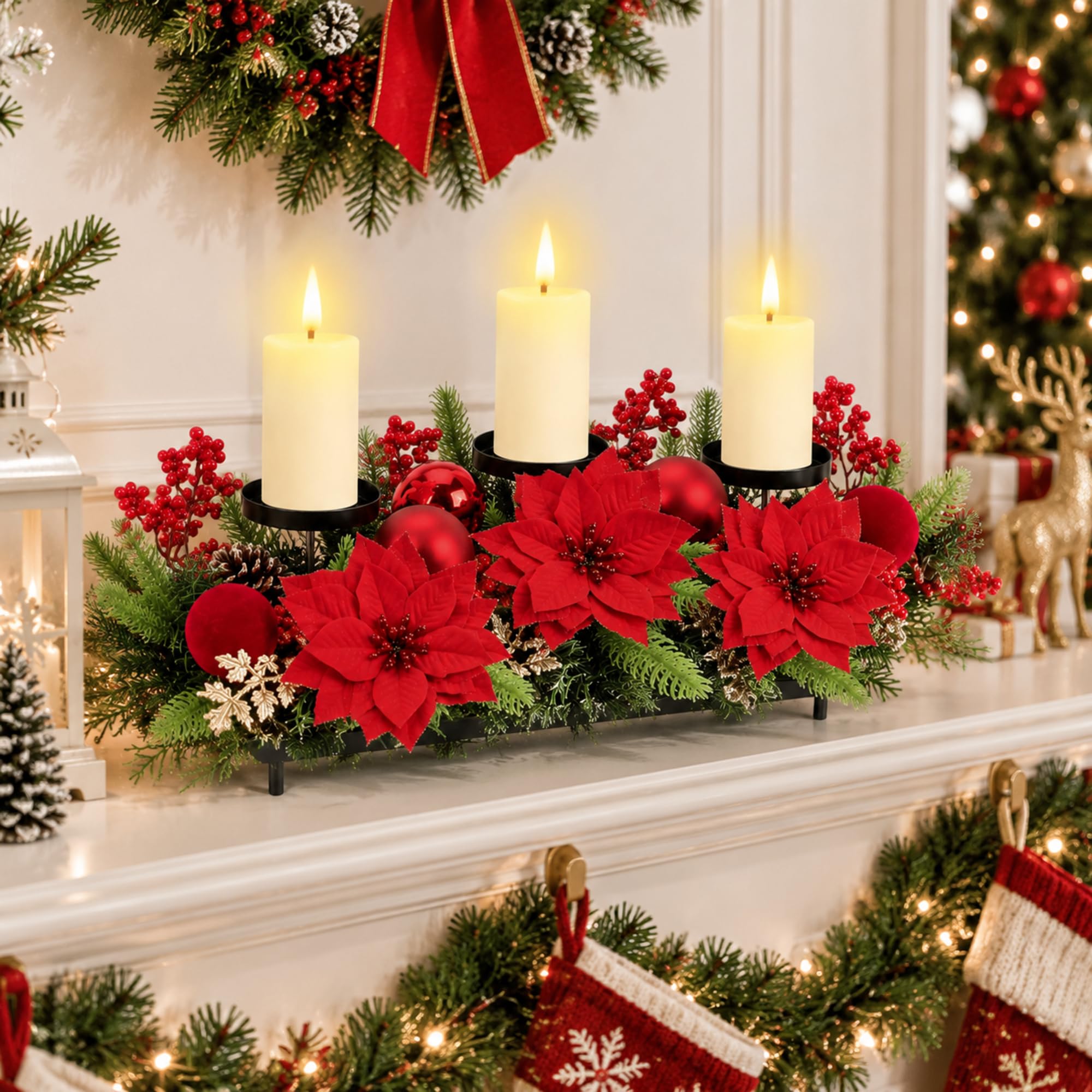 meekoo Christmas Centerpiece with 3 Candle Holders 3 LED Candles 1 String Lights Xmas Triple Candelabrum Poinsettia Red Berry Pine Cones with 3 Candle Holders for Tables Home Decorations