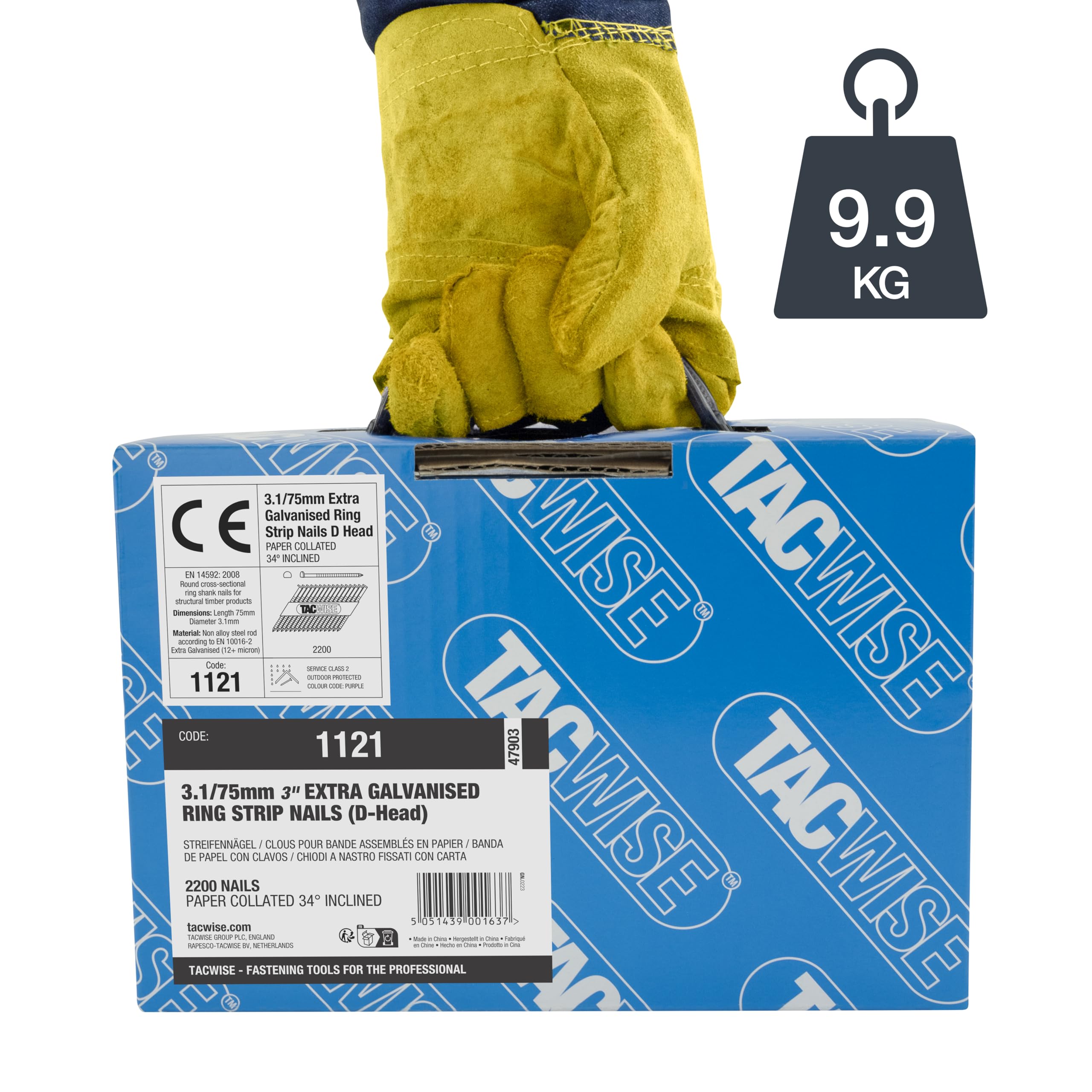 Tacwise 1121 Chiodi Inclinati a 34° 3,1 / 75 mm, Zincati Extra con Testa a ‘D’, Gambo Anellato, Fascicolati con Carta, Confezione da 2200