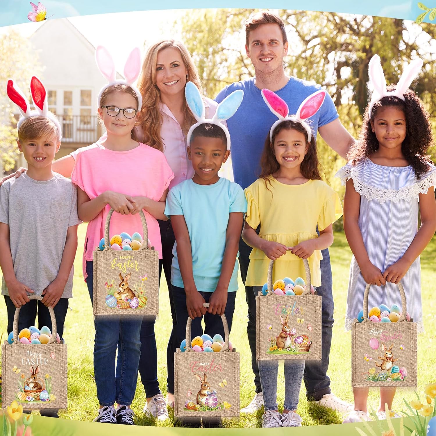 Blosssound 6 Pcs Easter Burlap Bags Bunny Gifts Bags with Handles Easter Jute Basket Goody Bag Burlap Bunny Basket Tote Bag 7.9 x 7.9 x 4.3 Inch - Image 5