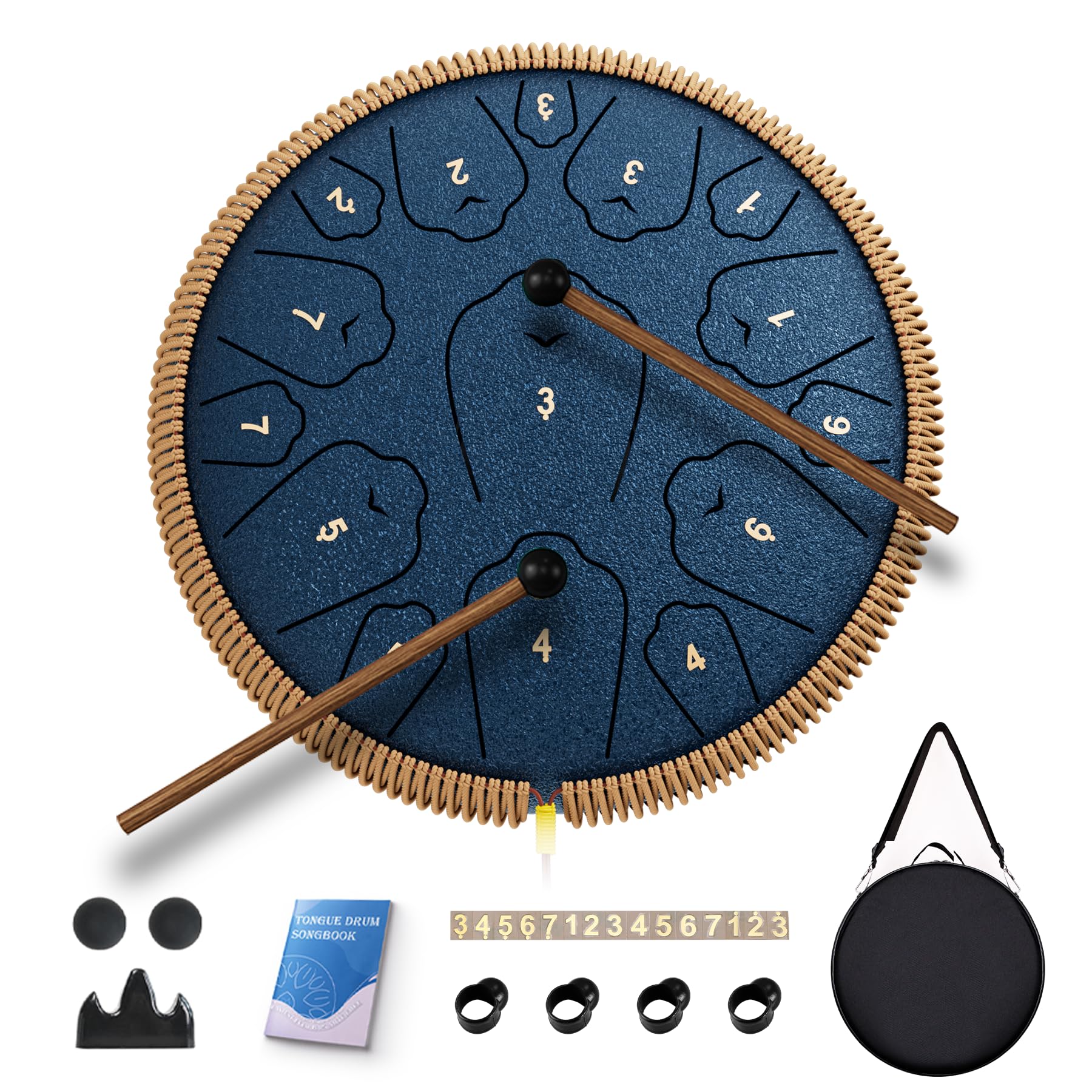 Tambour à langue en acier de 33 cm à 15 notes, instrument de percussion en do majeur, tambour à main avec livre de musique, maillets de batterie et sac de transport (bleu marine)