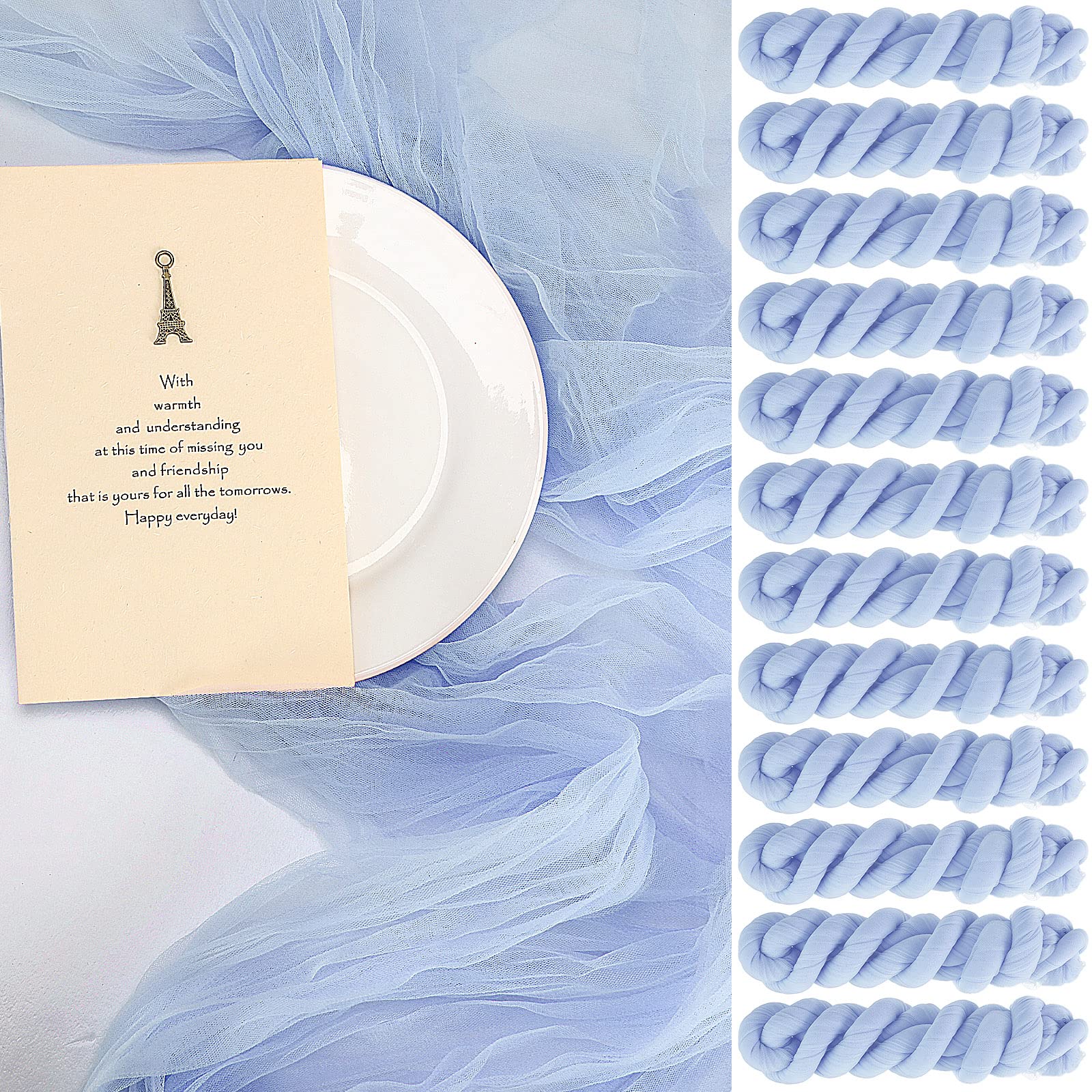 Buryeah 12 Pcs Cheesecloth Table Runner Bulk 10 ft Sheer Boho Gauze Table Runner 35 x 120 Inch Rustic Cheese Cloth Long Romantic Table Runner for Wedding Bridal Shower Birthday Party Decor(Blue)