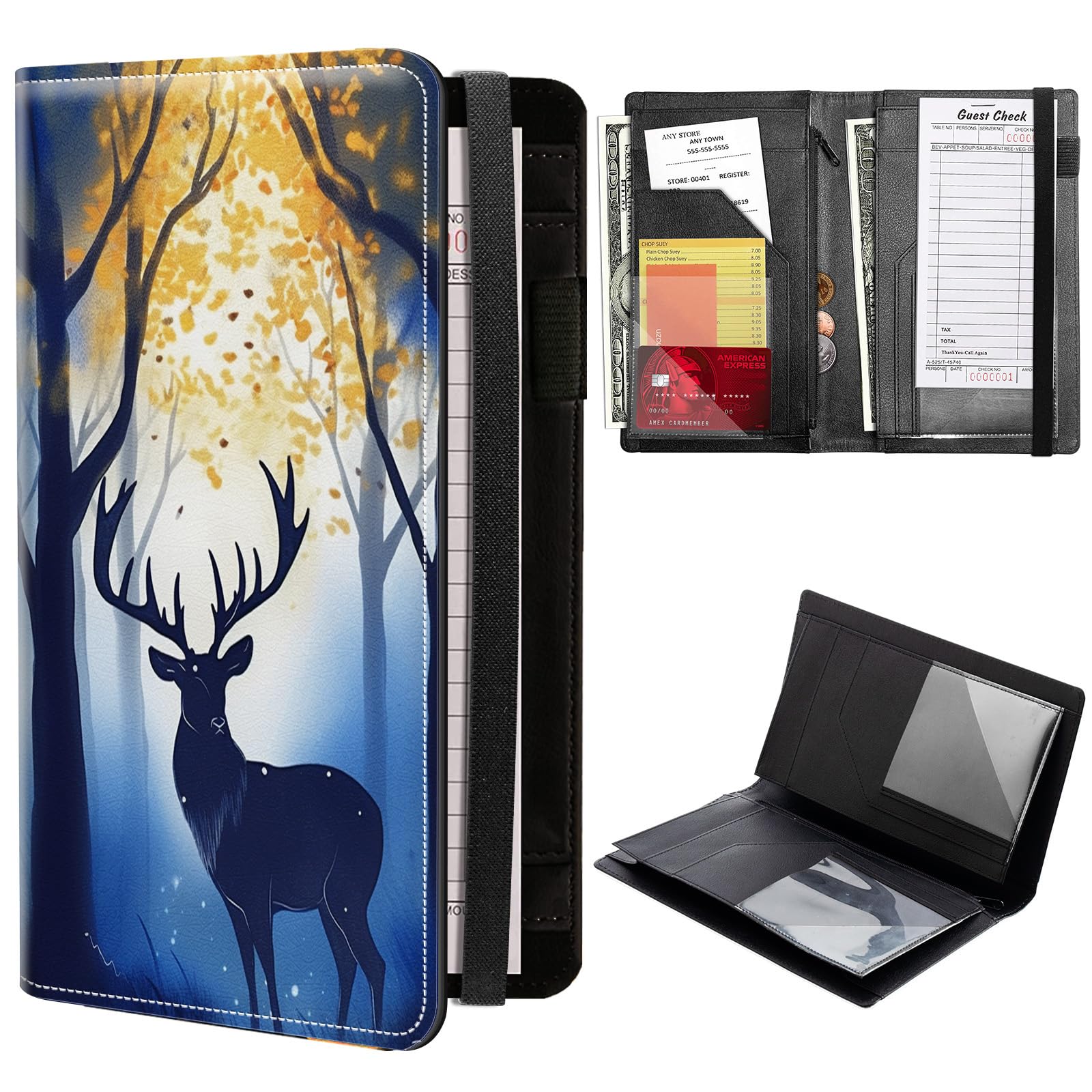 Art Forest Deer Server Books for Waitress, PU Leather Waitress Book Server Wallet with Elastic Bandage Closure, Organizer with Zipper Pocket 11 Money Pocket Fit Server Apron