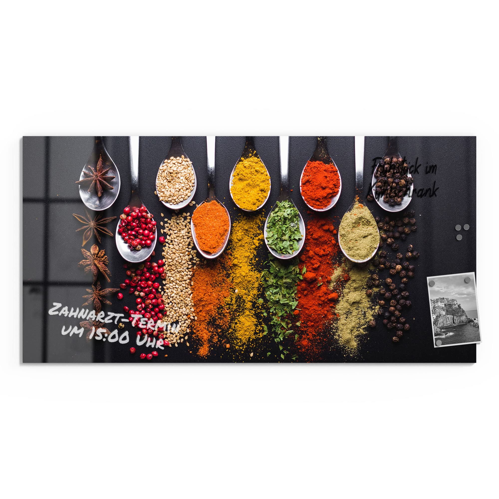 DEQORI Glas-Magnettafel | 100x50 cm groß | Motiv Kochlöffel mit Gewürzen | Memo-Board aus Glas | Magnetboard inkl. Magnete, Stift & Tuch für Küche & Büro | Tafel magnetisch & beschreibbar