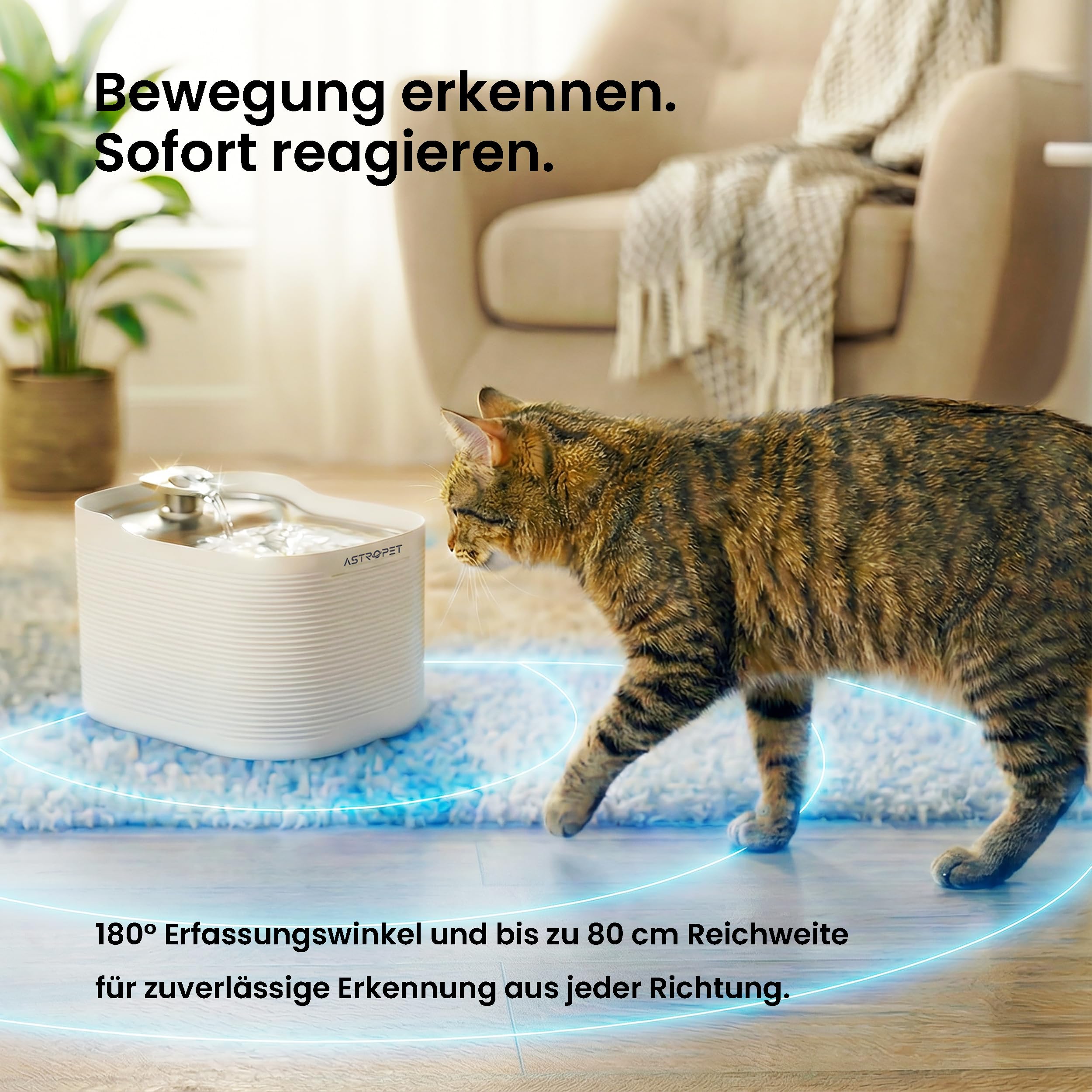 AstroPet Fuente para gatos inalámbrica de 2,5 l con detector de movimiento, batería de 5200 mAh de hasta 40 días, cuenco de acero inoxidable para beber para gatos, fuente de agua silenciosa