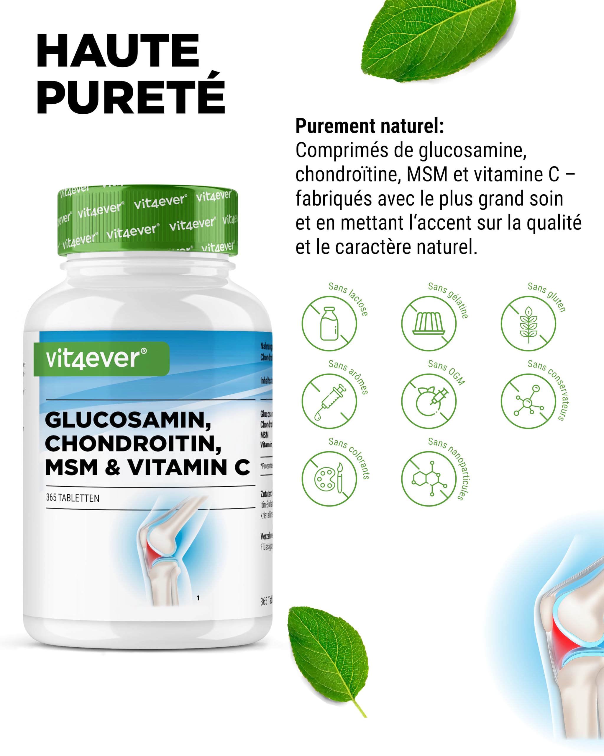 Glucosamine Chondroïtine MSM - 365 Comprimés - Hautement Dosé à 2000 mg par Jour - 3 Mois d'Approvisionnement - sans Additifs Indésirables | 1000 mg de glucosamine, 500 mg de chondroïtine, 500 mg de MSM, 99,9 % de pureté MSM