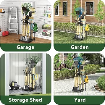 Garden Tool Organiser, Heavy-Duty Metal Storage Rack for Garage & Yard, Utility Tool Stand with Hooks for Brooms, Shovels, Rakes & Long-Handled Tools, Black