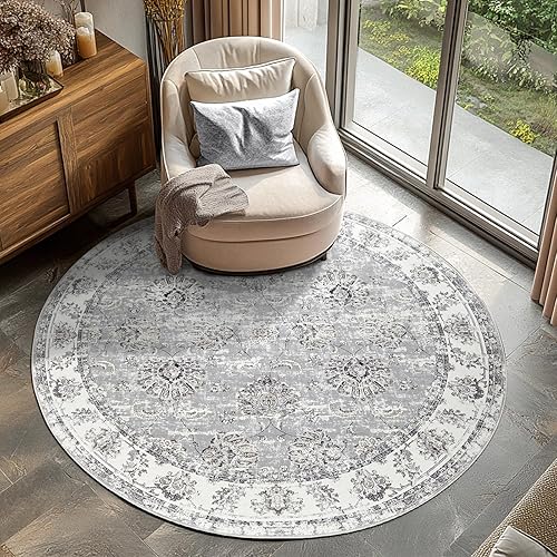 jinchan Alfombra redonda de 6 pies, color gris, vintage, para cocina, interior, delgada, con estampado floral, lavable, alfombra circular redonda de