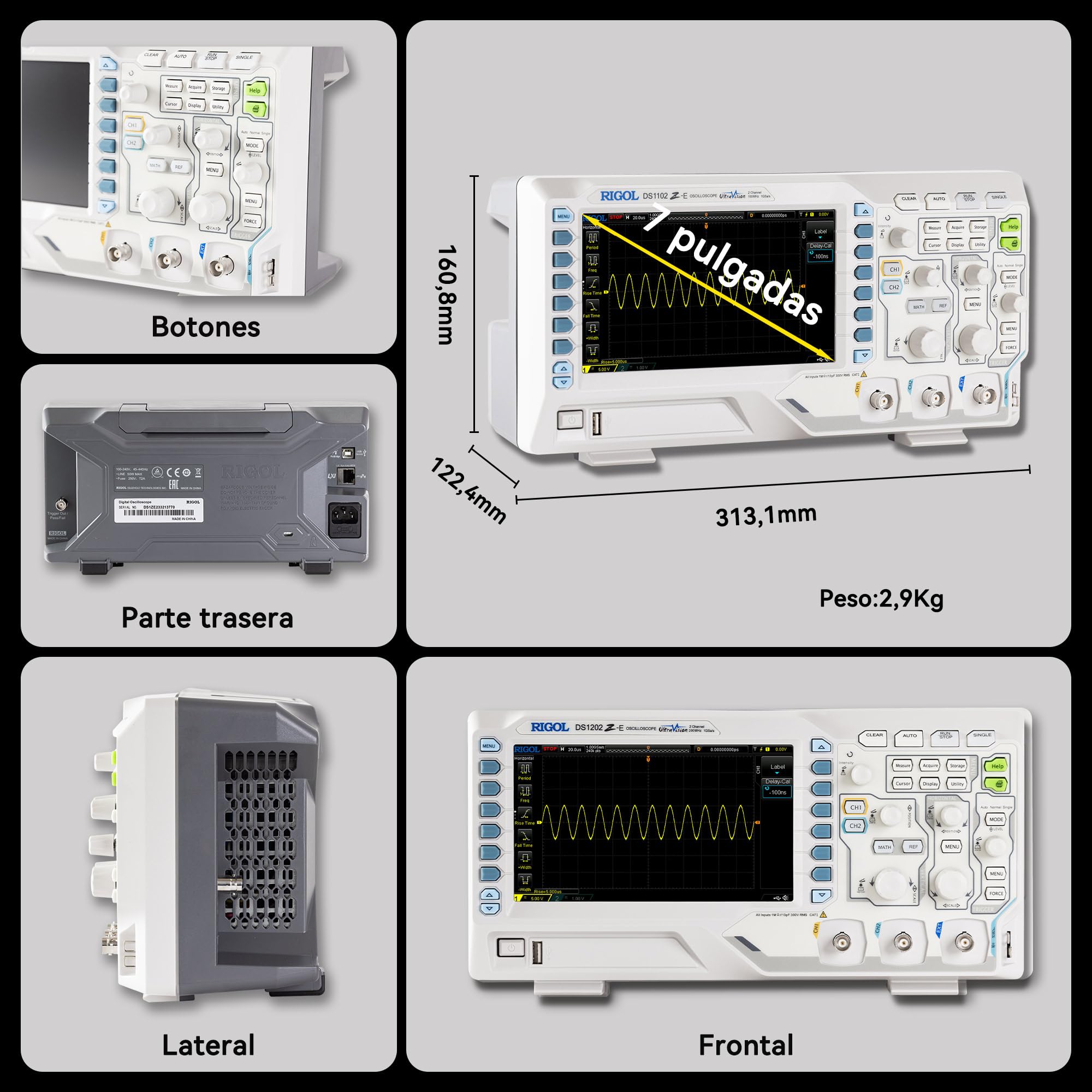 RIGOL Osciloscopio,DS1202Z-E Osciloscopio Digital,200 MHz,2 canales+EXT,pantalla de fósforo HD de 7 pulgadas,Alta relación calidad-precio,ideal para I+D,mantenimiento y enseñanza en laboratorio