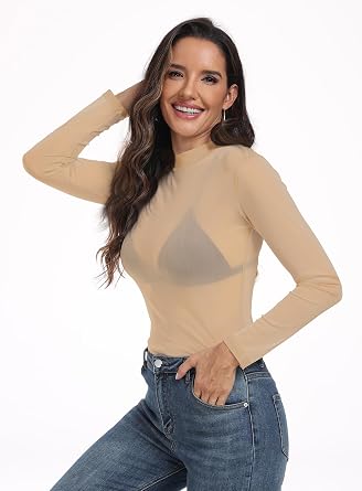 Women's Sheer Mesh Tops Long Sleeve Sexy See Through Shirt Mock Neck