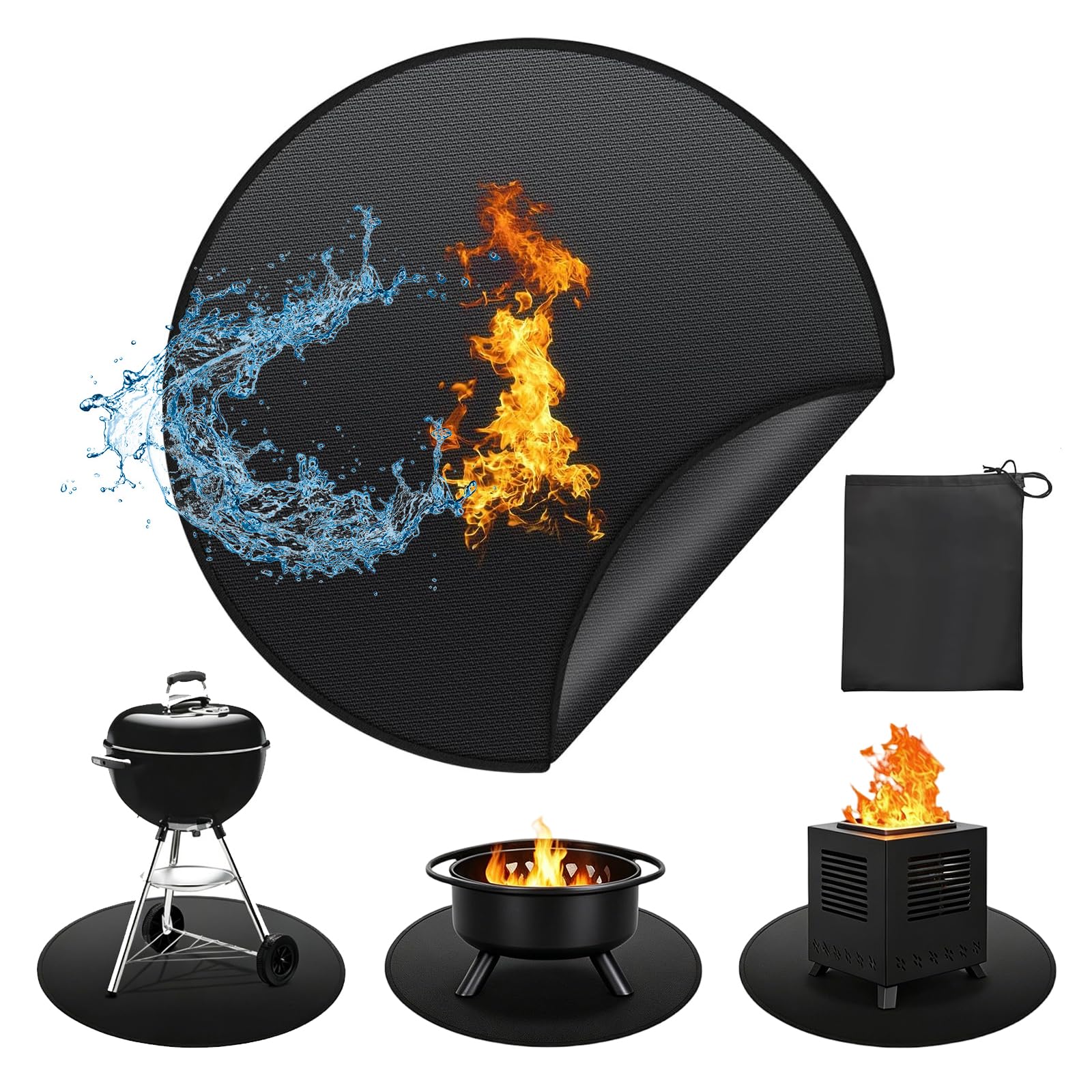 Zyetgh Black 20 In Fire Pit Mat, Round Bbq Grill Mat With Storage Bag 3 Layer Fireproof Mats For Hearth Chiminea Bbq Protector For Outdoor Decks Patios