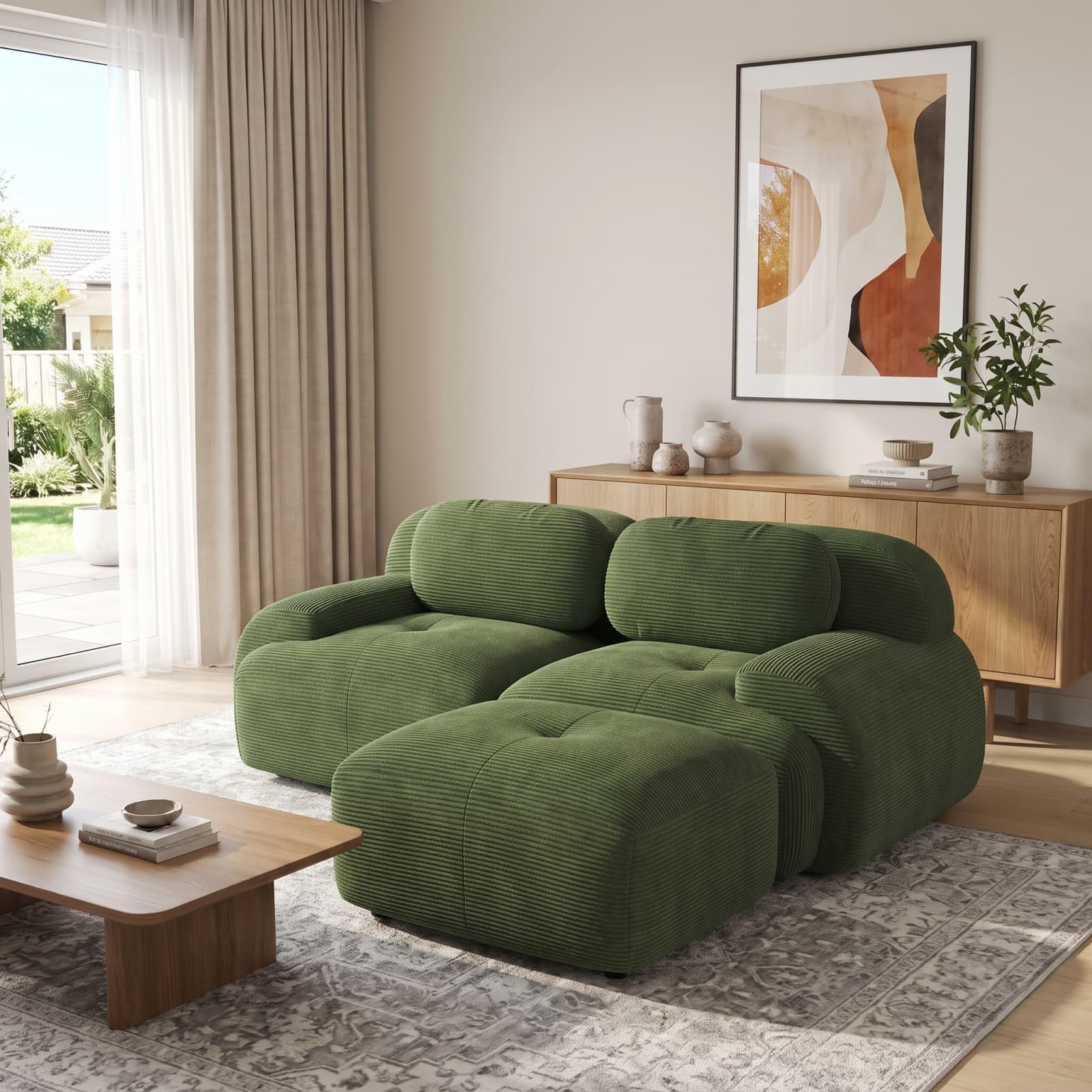 KOMHTOM Canapé Salon Moderne, Canapé Modulaire en Velours Côtelé, Coussin d'assise Confortable en Mousse Haute Densité 32D, Asssise Extra Profonde (Vert, 2 Places en L)