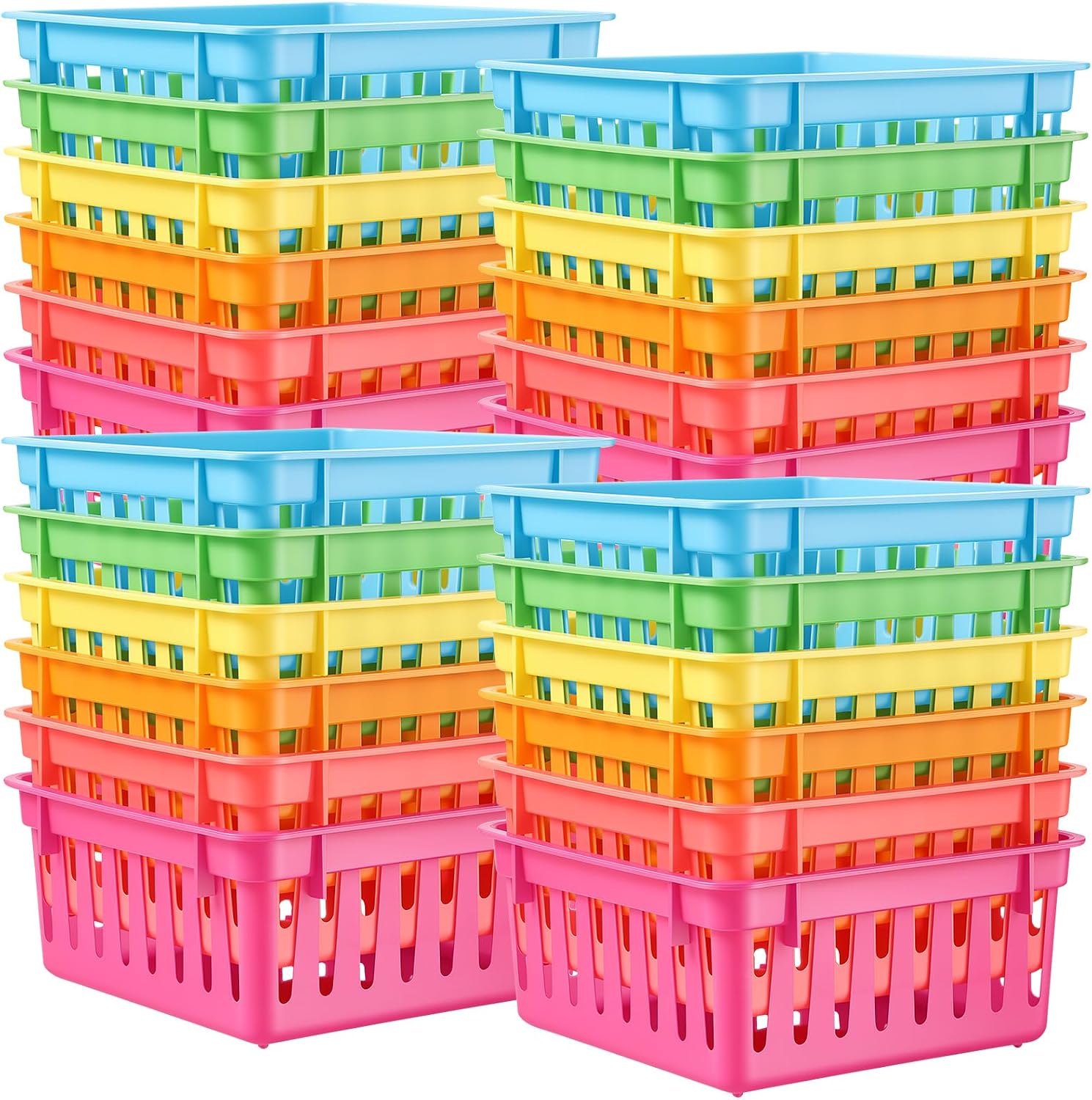 24 Pack Small Classroom Storage Baskets for Classroom Organizing, 5.3 inch Square Plastic Bins for Teacher Supplies, Desktop Trays for School, Office, and Home Kitchen (Colorful)