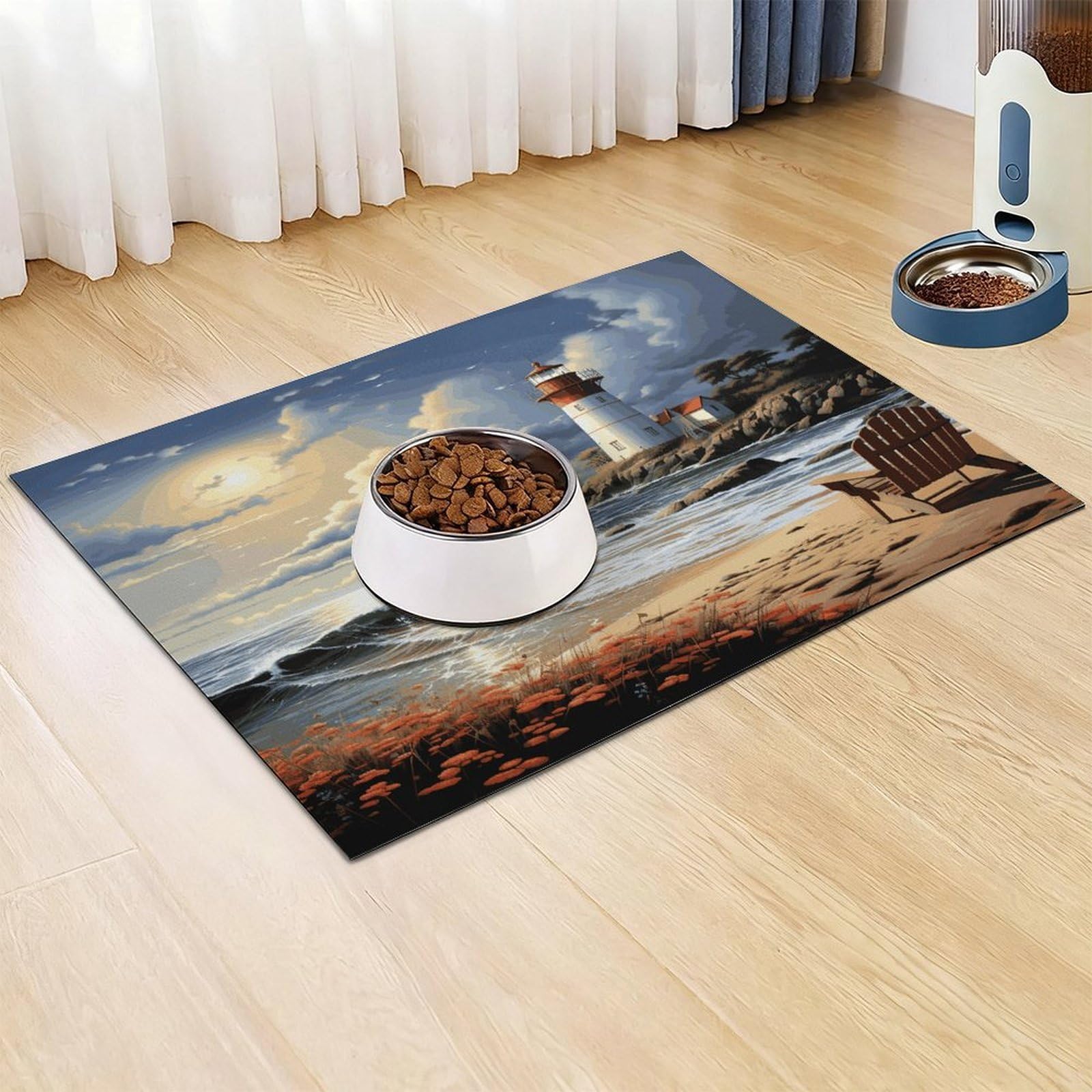 Sea Lighthouse Sandbeach Tapis de nourriture pour chat – Tapis d'alimentation antidérapant pour chien facile à nettoyer pour la nourriture et l'eau, tapis de gamelle pour chien et chat, 61 x 81,3 cm