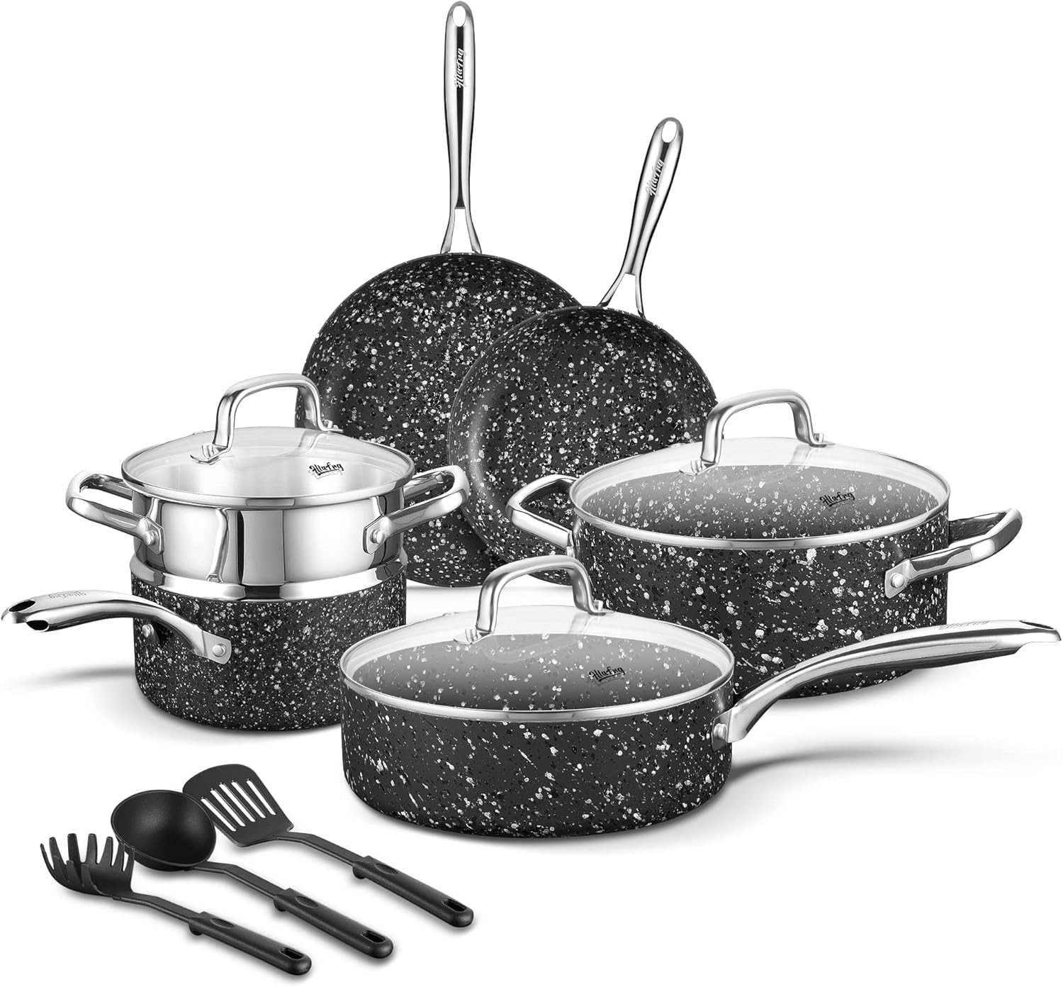 Nonstick Cookware set Pots Pans and Cooking Utensils, Durable Nonstick Coating, Oven Safe and Induction Compatible, 12 Piece Set, Black Granite (Black) Thumbnail