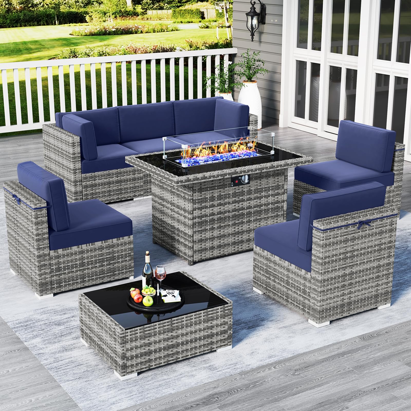 LayinSun 8 Piece Patio Furniture Set with 44" Propane Gas Fire Pit Table, Outdoor Sectional Conversation Set Wicker Rattan Sofa Set with Coffee Table