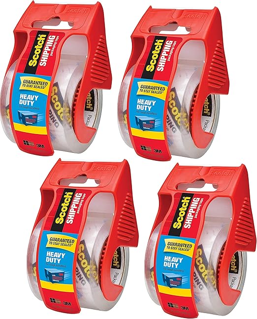 Scotch Heavy Duty Shipping Packaging Clear Tape FPMJY, 1" Core, 1.88" x 22.2 Yard, Red Dispenser, 4-Pack
