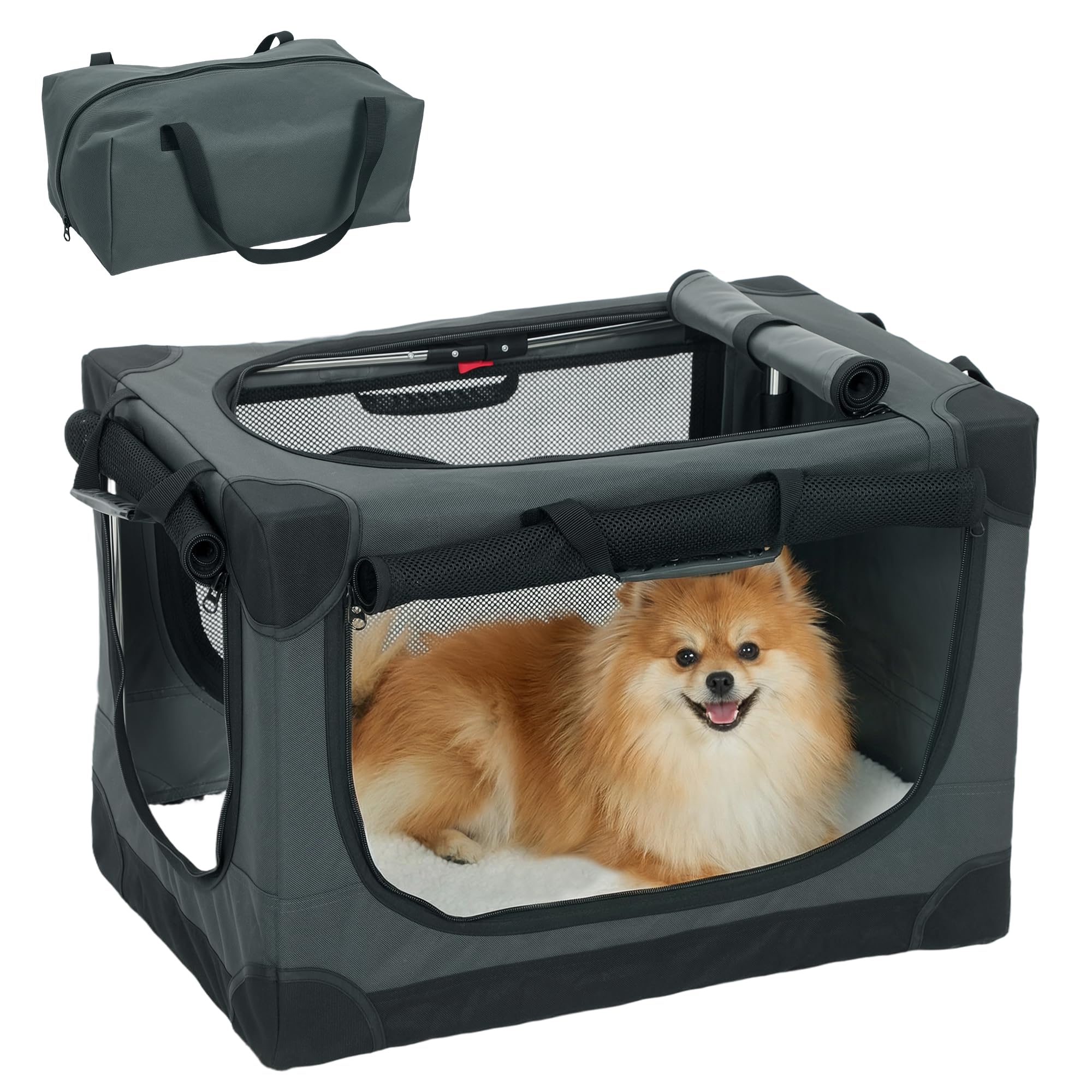 PawHut Collapsible Dog Crate, Portable Pet Travel Crate for Toy Dogs and Cats, 60 x 42 x 43 cm, Oxford Fabric Pet Carrier with Mesh Doors, Removable Mat, Army Green