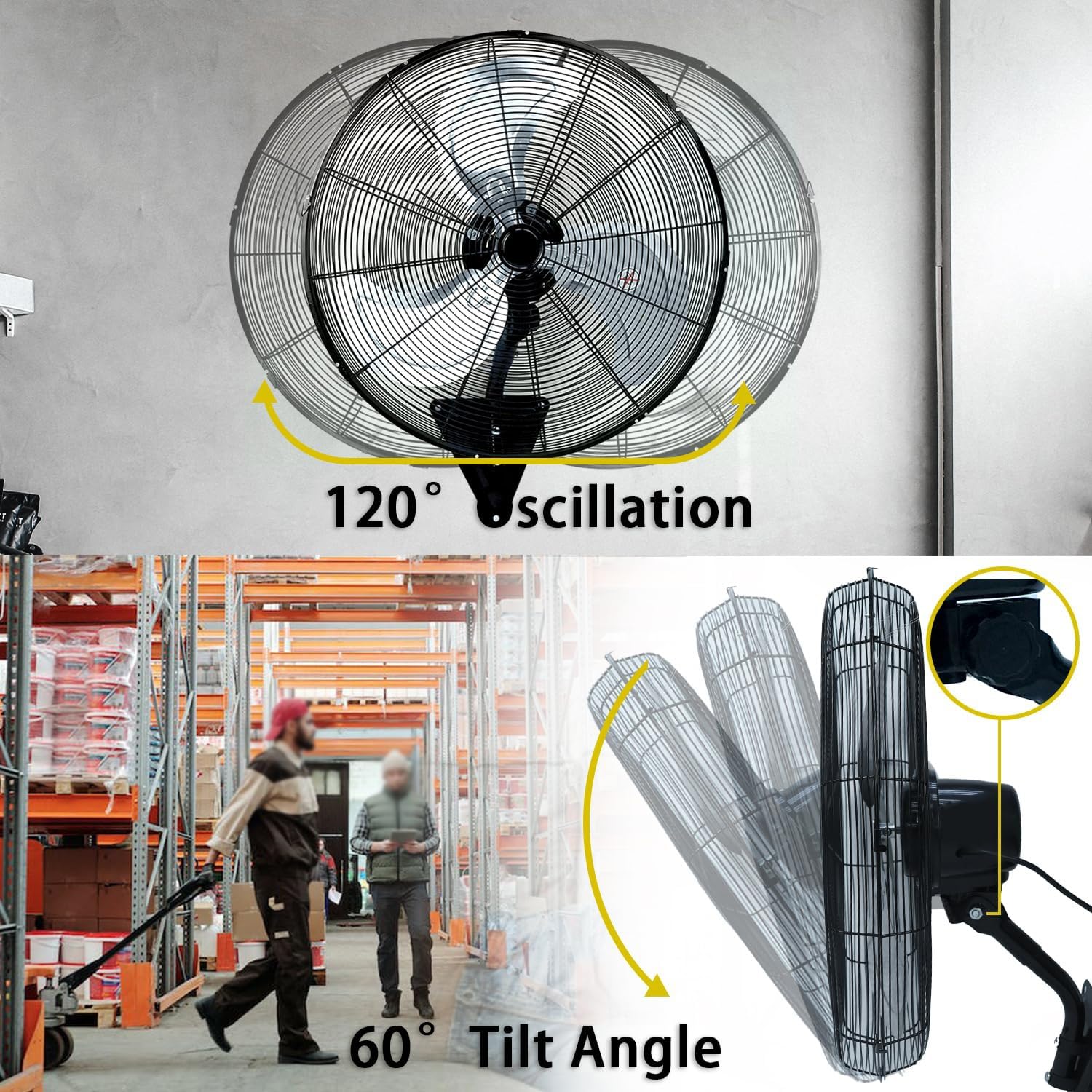 Ventilador de piso, ventilador industrial de pared con 3 velocidades y oscilación, diseño duradero de 3 aspas para refrigeración de garajes, talleres, invernaderos y granjas.