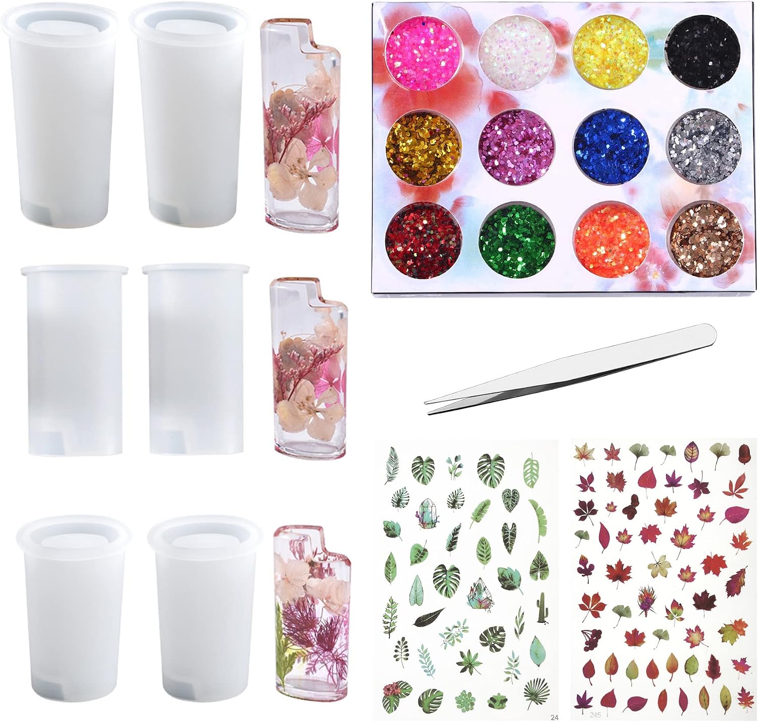 Cayway 10 PCS Lighter Case Resin Moulds Set, 3 PCS Lighter Case Resin Casting Mould Epoxy Resin Moulds with Sequins, Dried Flowers for DIY Crafts Making