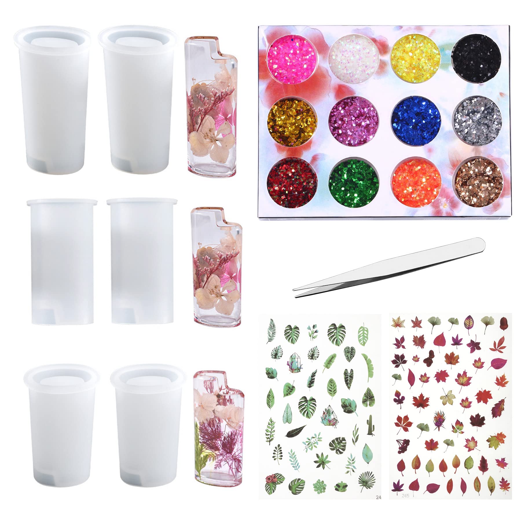 Cayway 10 PCS Lighter Case Resin Moulds Set, 3 PCS Lighter Case Resin Casting Mould Epoxy Resin Moulds with Sequins, Dried Flowers for DIY Crafts Making