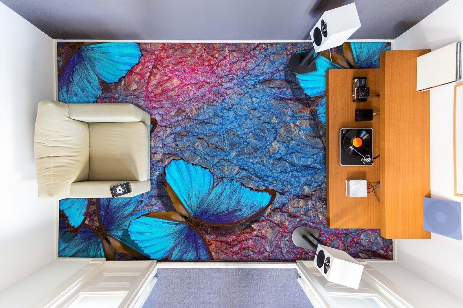 Cartel De Decoración De Piso Murales de papel pintado de suelo de mariposa azul 3D, 250 * 175 cm Murales Pegatinas Cuarto de baño Vinilo autoadhesivo Papel tapiz