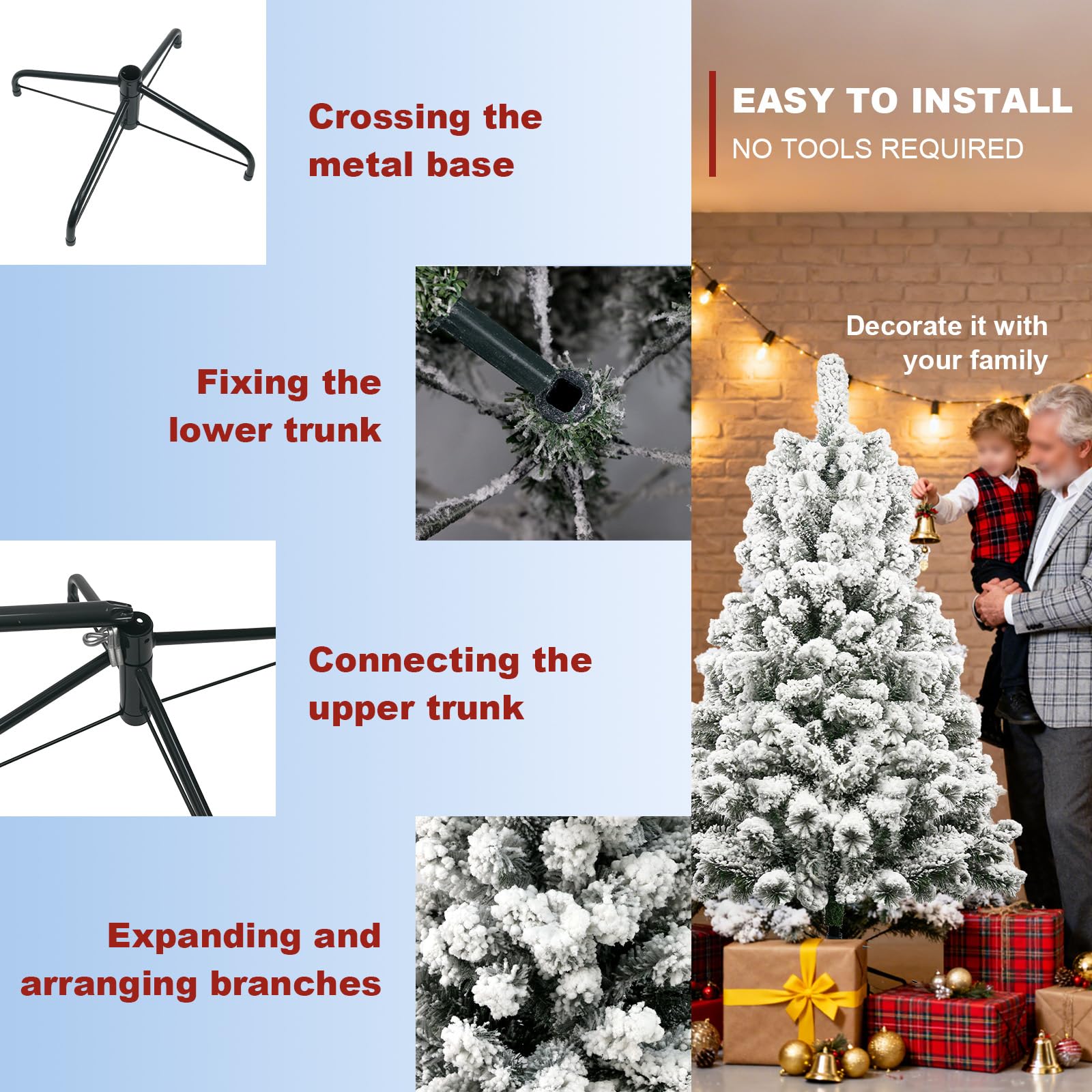 Albero di Natale Artificiale Innevato 150 cm,280 Rami,PVC Ago di Pino Effetto Realistico,Decorazione di Natale,Base Metallica