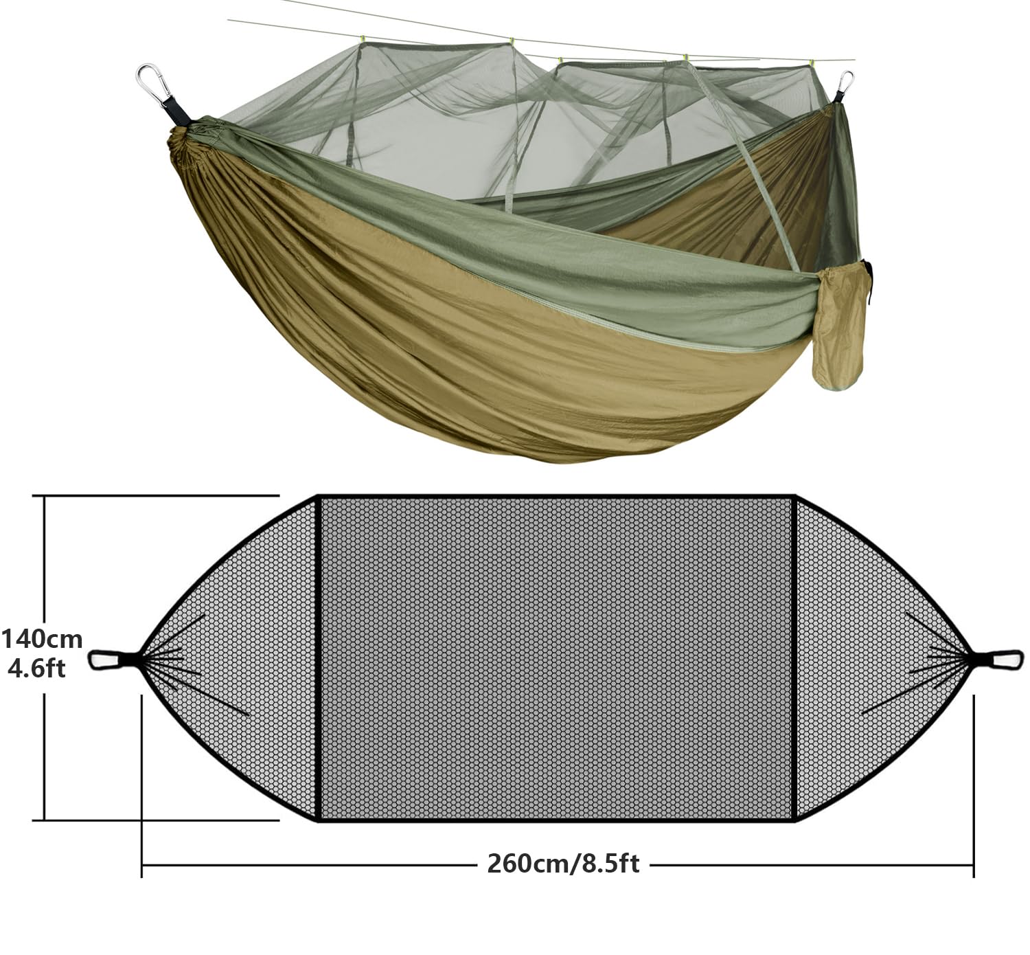 RANIT Camping Hammock with Net, 210T Parachute Nylon Fabric,Single Lightweight Portable Hammocks,Parachute Hammock for Camping, Outdoor Backyard Backpacking,Hiking (Army Green)