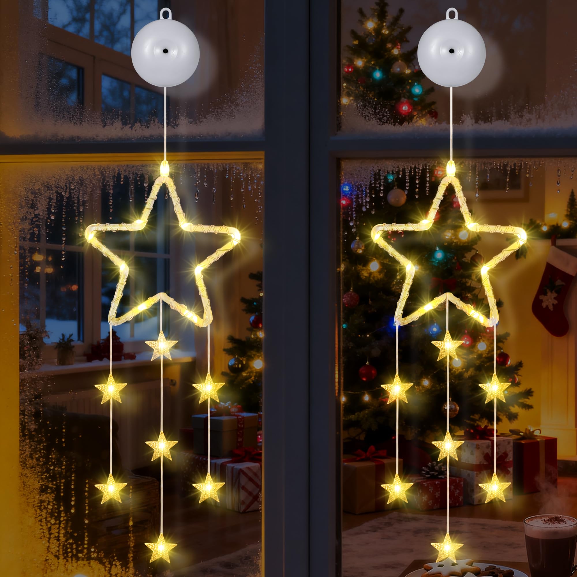 Tacobey 2Pcs Battery Christmas Window Lights, LED Star Lights Warm White