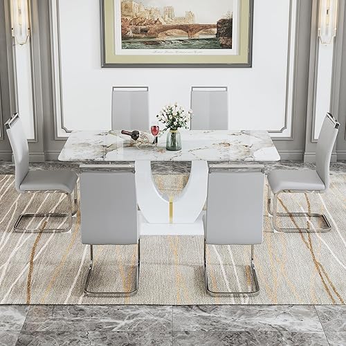Miniatura 107 de JUFU Juego de Mesa de Comedor para 6, Mesa de Mármol Sintético y Juego de Sillas de 6, Juego de Mesa de Comedor Moderno para 6, Juego de Mesa de