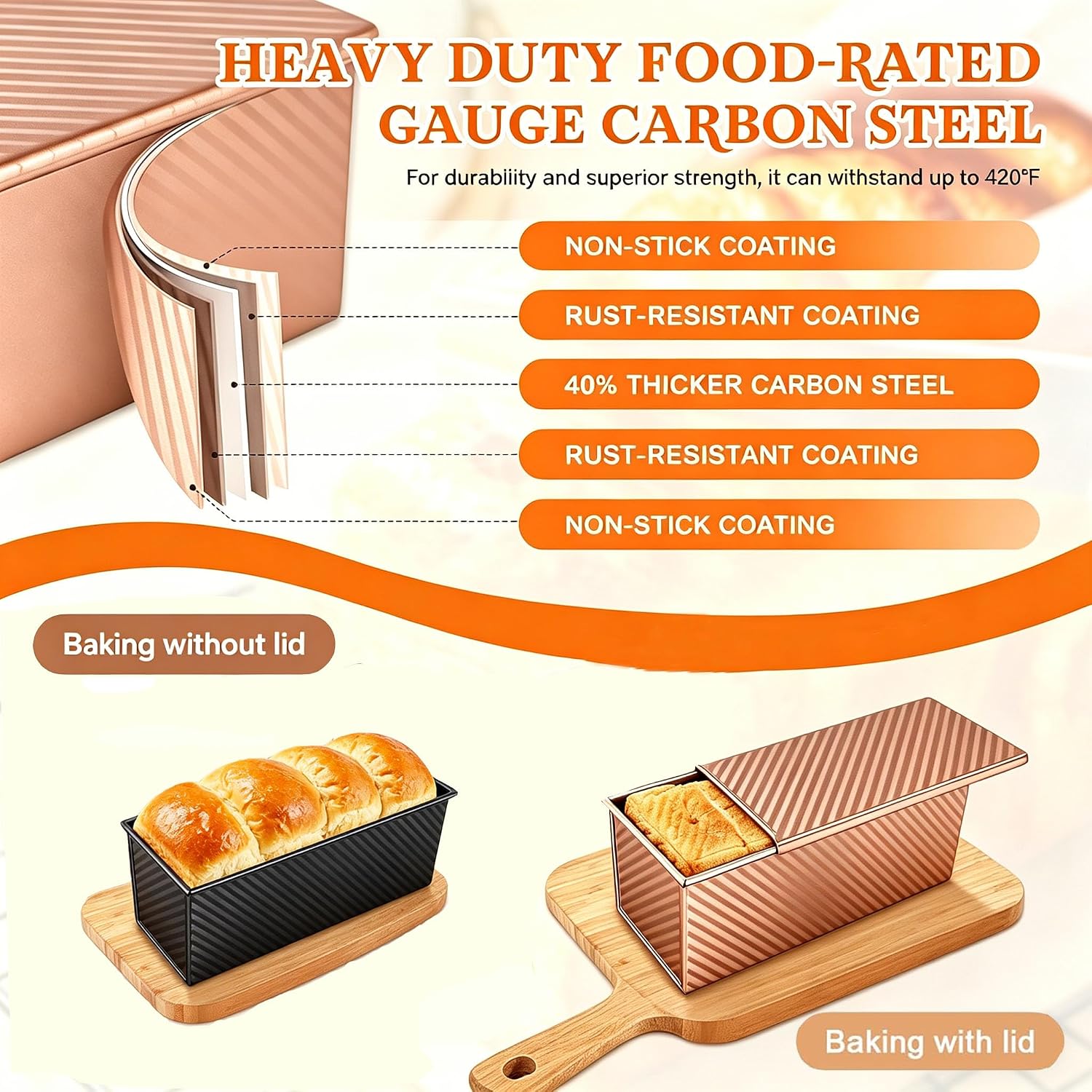 3 Pack Pullman Loaf Pans with Lids, 2.2LB & 1LB & 0.5LB Black+Golden