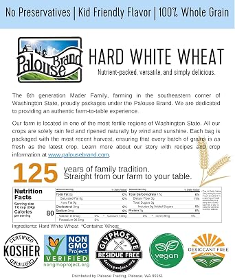 Palouse Brand Certified Glyphosate Residue Free Hard White Wheat Berries | 5 LBS | Non-GMO Project Verified | Kosher