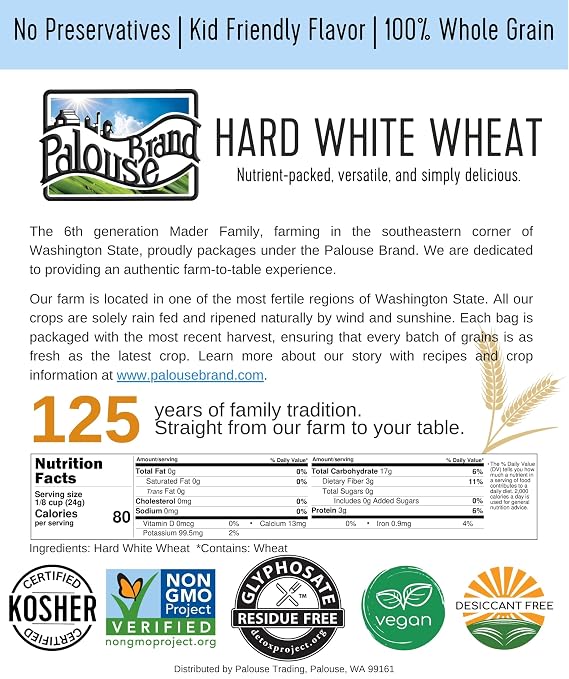Palouse Brand Certified Glyphosate Residue Free Hard White Wheat Berries | 5 LBS | Non-GMO Project Verified | Kosher