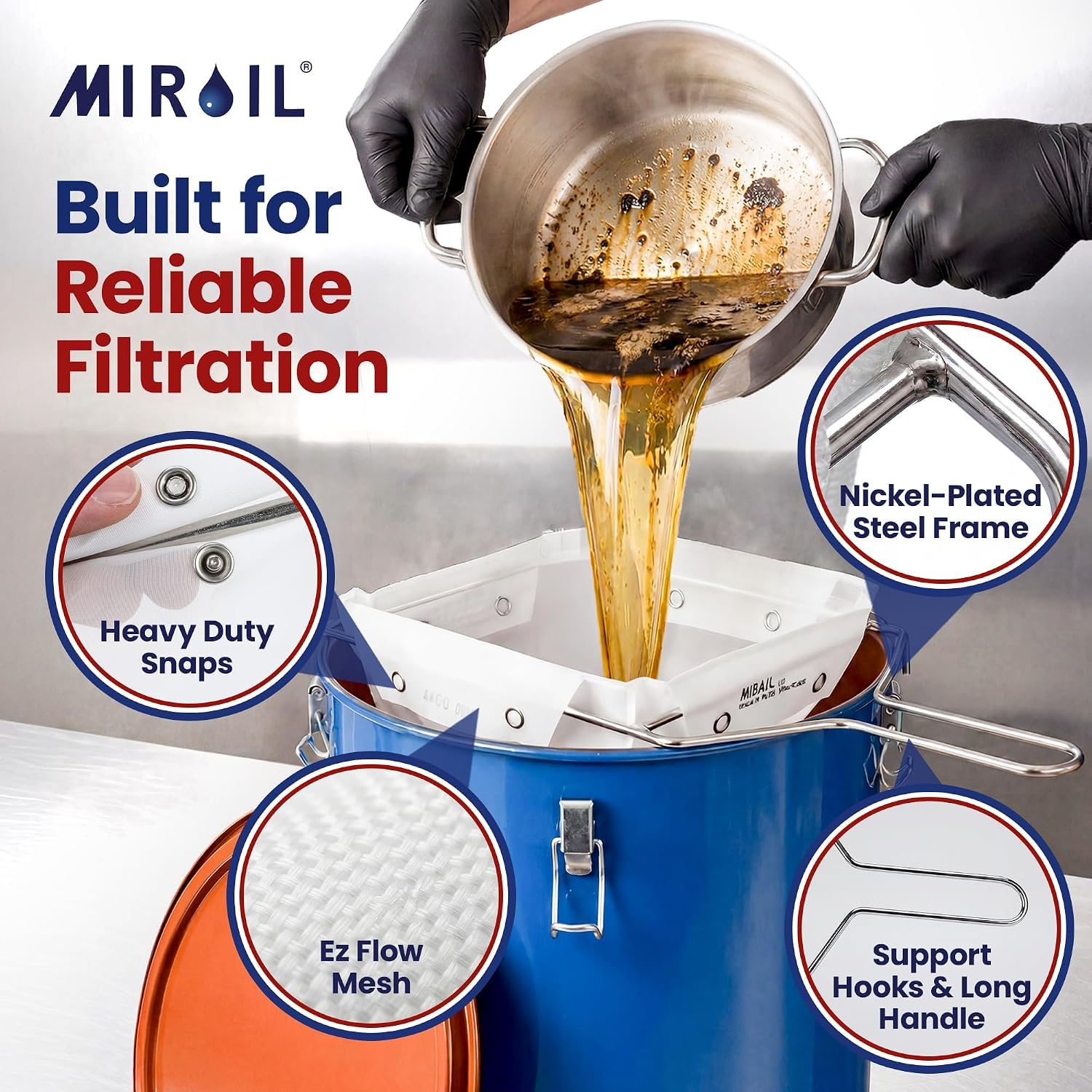 Miroil CONE2B Bolsa de filtro para freidora pequeña y marco de tamaño D, bolsa de filtro de flujo MirOil EZ y conjunto de combinación de marco, ideal para usar con carrito de aceite MirOil 30L,