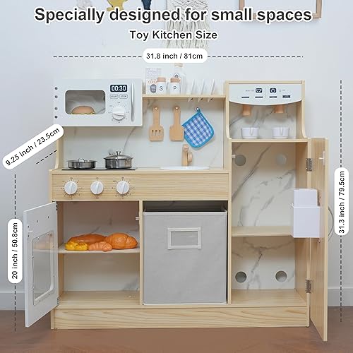 Miniatura 6 de Cocina de madera para niños, juego de cocina para niños pequeños con máquina de hielo, caja de almacenamiento, fregadero, horno, microondas y nevera