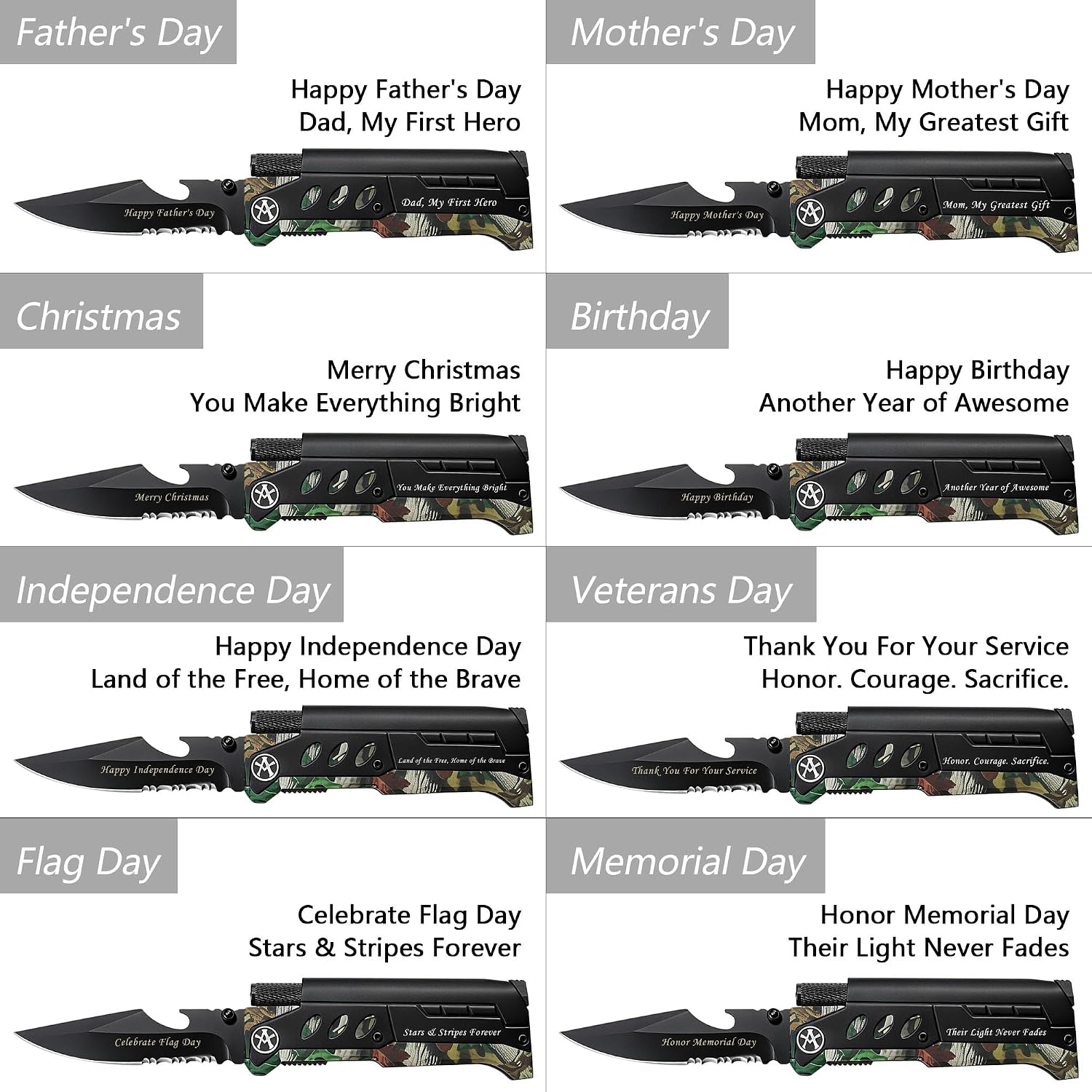 Custom Engraved Folding Knife for All American Holidays – EDC Multi-Tool with Fire Starter, LED Light & Bottle Opener – Personalized Gift for Father’s Day, Mother’s Day, Christmas, Birthday, Valentine’s, Graduation, Independence Day, Flag Day, Memorial Day, Veterans Day for Dad, Mom, Men, Women, Him, Her