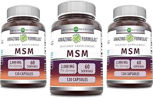Amazing Formulas MSM (metilsulfonilmetano), suplemento de 2000 mg por porción, cápsulas, sin OMG, sin gluten, fabricado en Estados Unidos (paquete