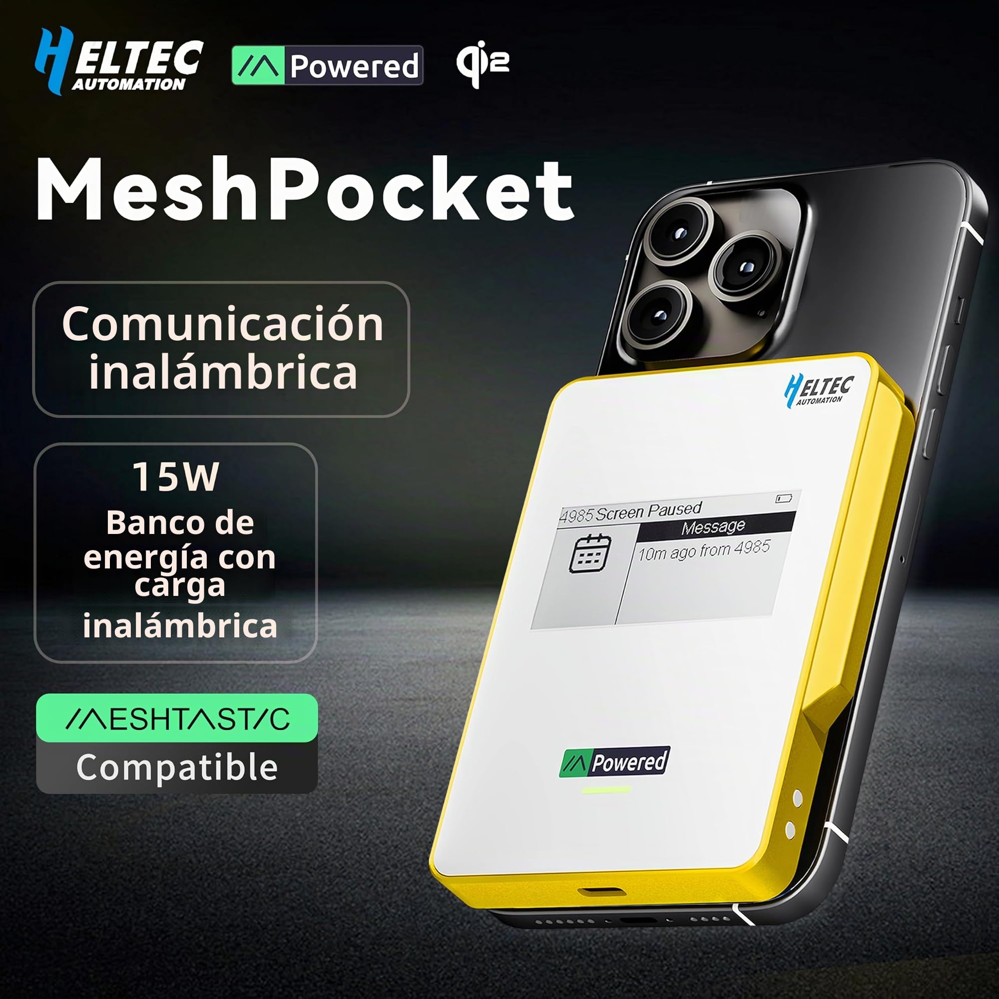 Heltec MeshPocket Qi2 - Cargador inalámbrico magnético con LoRa y E-Ink Meshtastic compatible para emergencias al aire libre (5000 mAh, gris)
