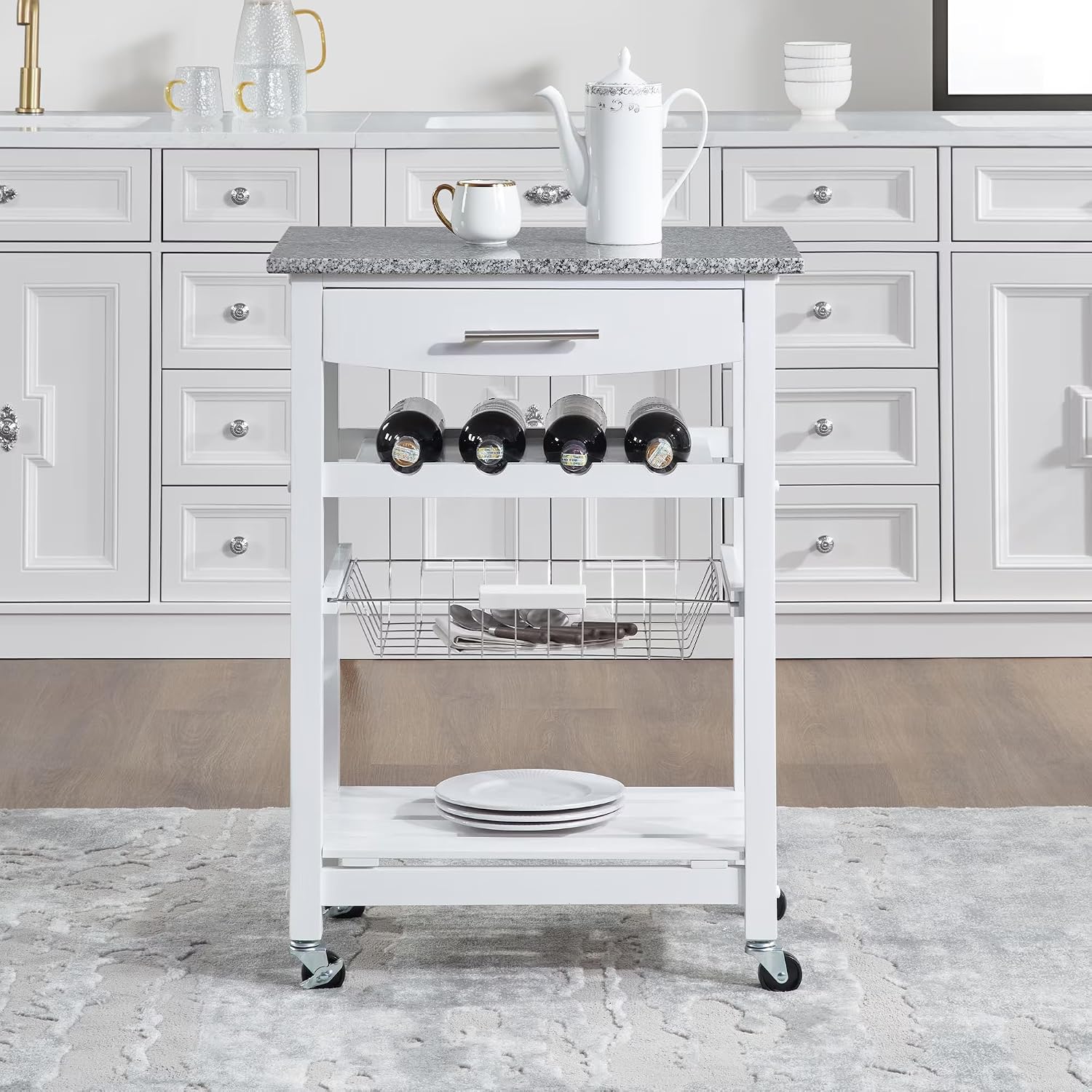 Marble Top Kitchen Island Cart 22-inch with Drawer & Storage Basket - Mobile Serving Cart for Food Prep, Solid Pine Frame, 4 Lockable Wheels, Compact Design(White)