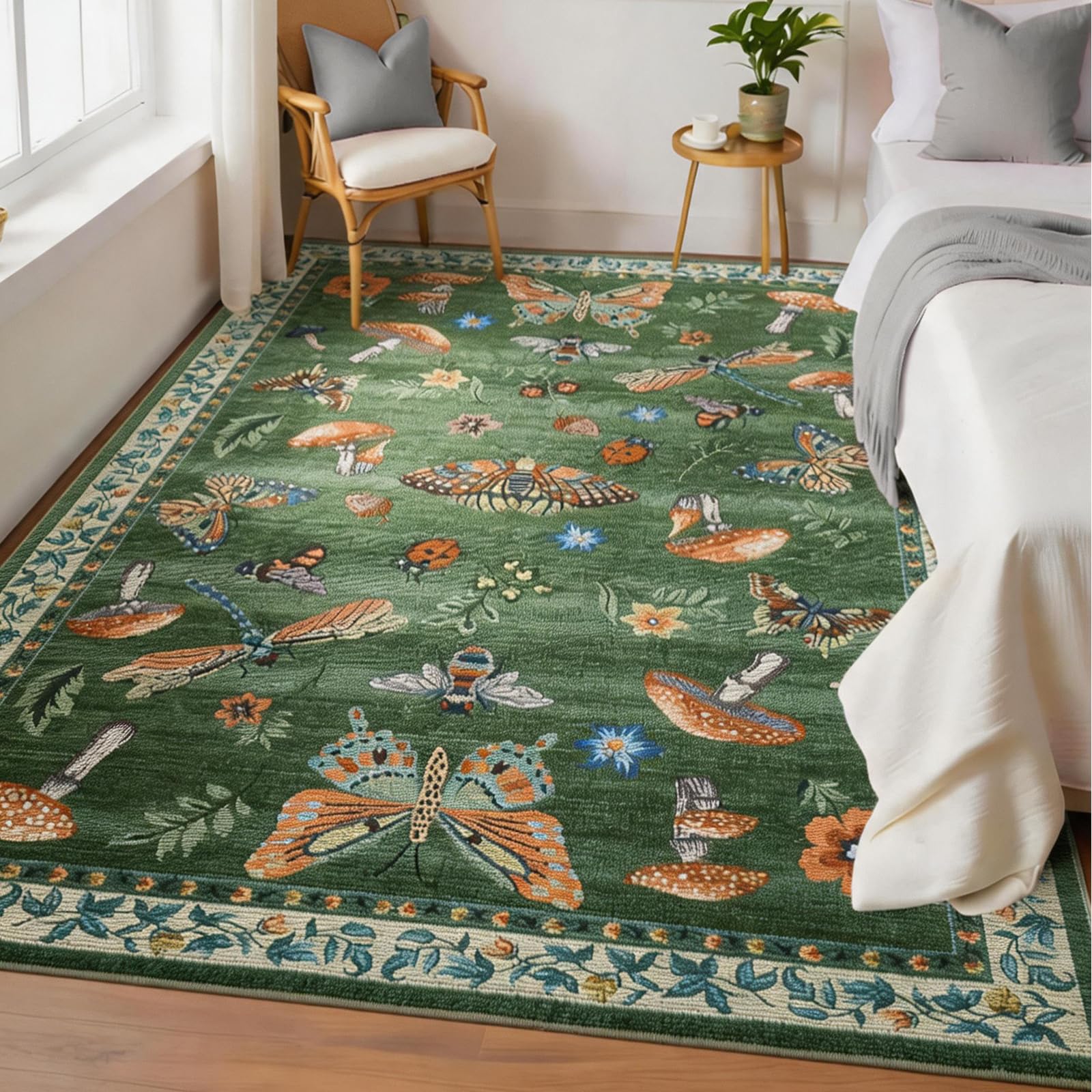 CAROMIO Washable Mushroom Butterfly Rug 120x170 cm for Bedroom Grass Green
