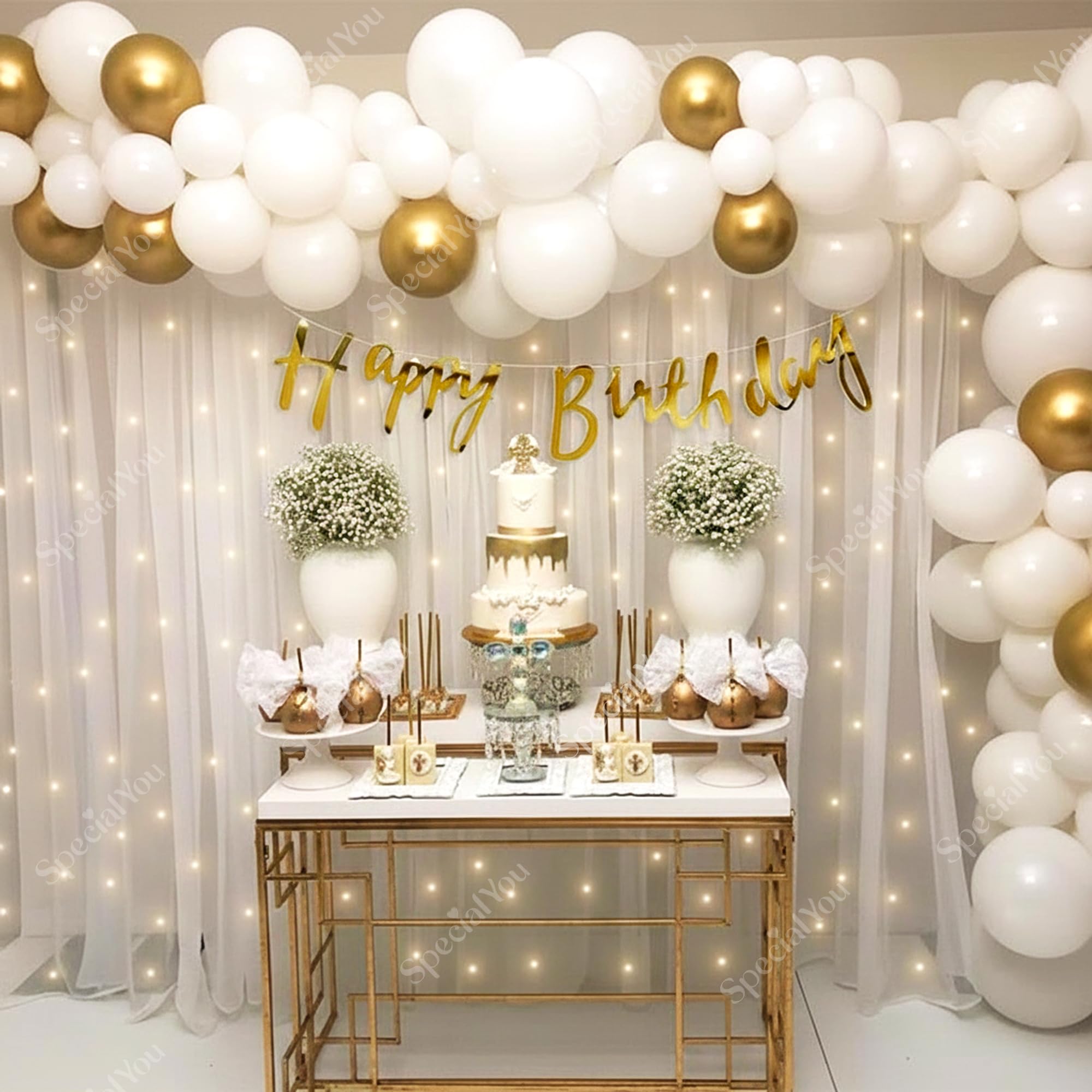 SpecialYou.in White & Gold Birthday Decoration Kit, Birthday Backdrop for Decor, White Net Curtain for Decoration Backdrop, Background Net Curtains for Decorations- 69 Pcs