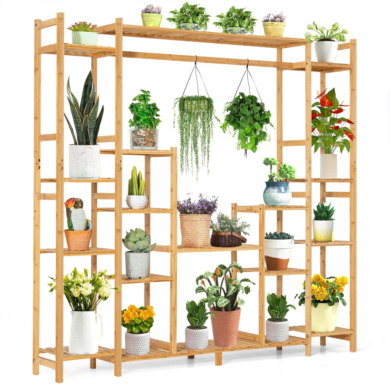 HOMASIS Estantería para flores con 18 estantes y barra colgante, estantería para plantas de bambú, soporte para plantas, soporte para plantas, para salón, 167 x 30 x 166 cm