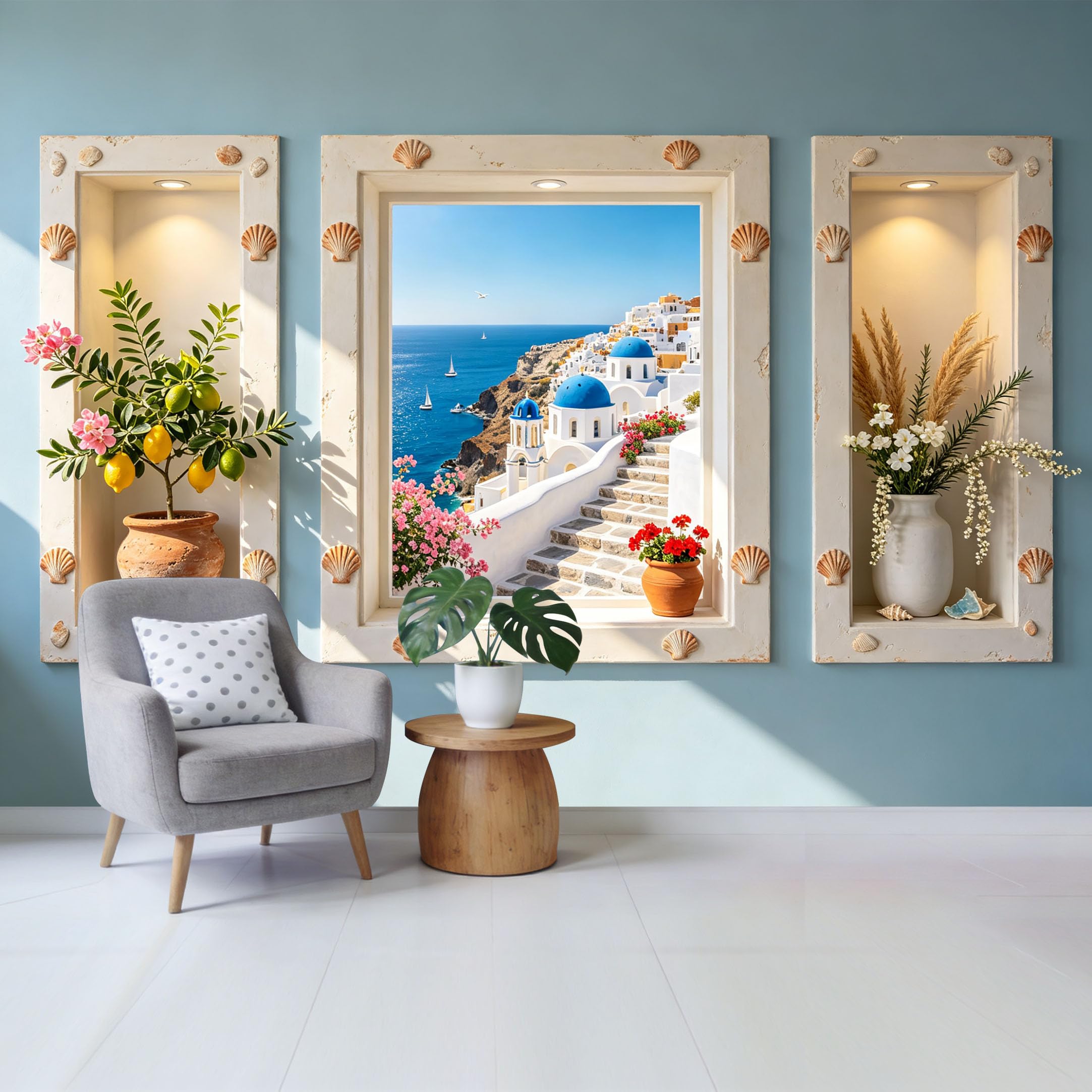 Removable Self Adhesive Fabric Mural， Mediterranean Coastal Landscape Custom Size Wall Covering， UV Protected Waterproof Washable Wall Decor for Living Room Bedroom Bathroom