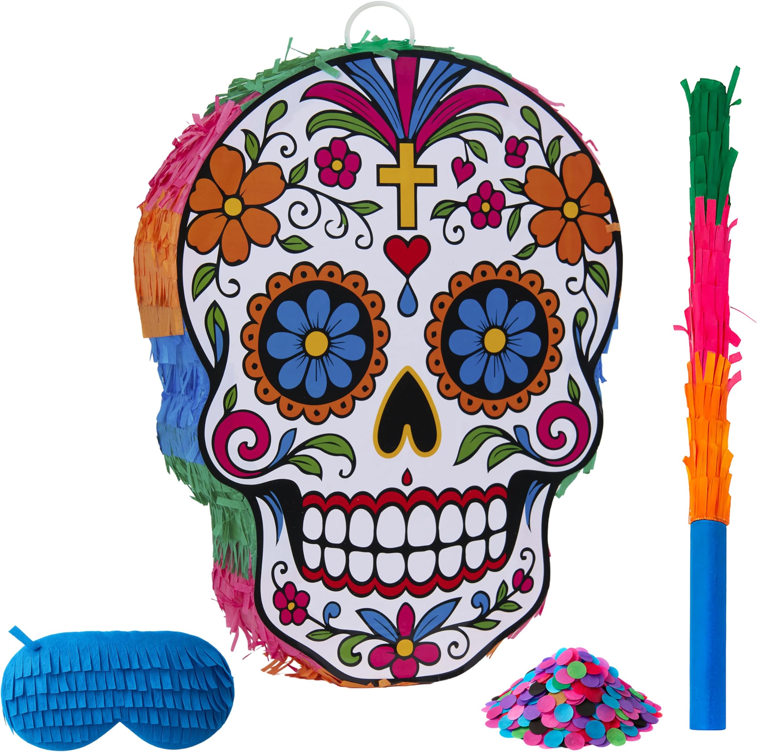 Sugar Skull Piñata Set - Halloween Dia de los Muertos Candy Skull with Blindfold Stick and Confetti, Mexican Skeleton, Birthday Party Game Supplies, Halloween Decoration