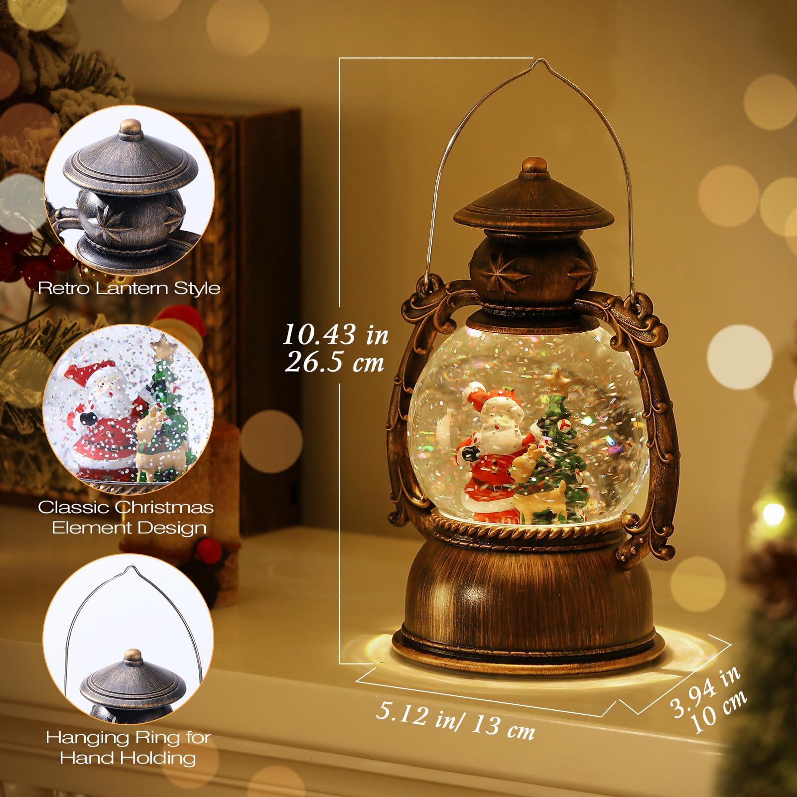 Lewondr Schneekugel Weihnachten mit Spieluhr, Elektrische Schneekugel Weihnachtsmann mit Musik & Licht & Timer Weihnachtsdeko Laterne Weihnachtslicht Batteriebetrieb/USB Beleuchtung, Messingfarbe