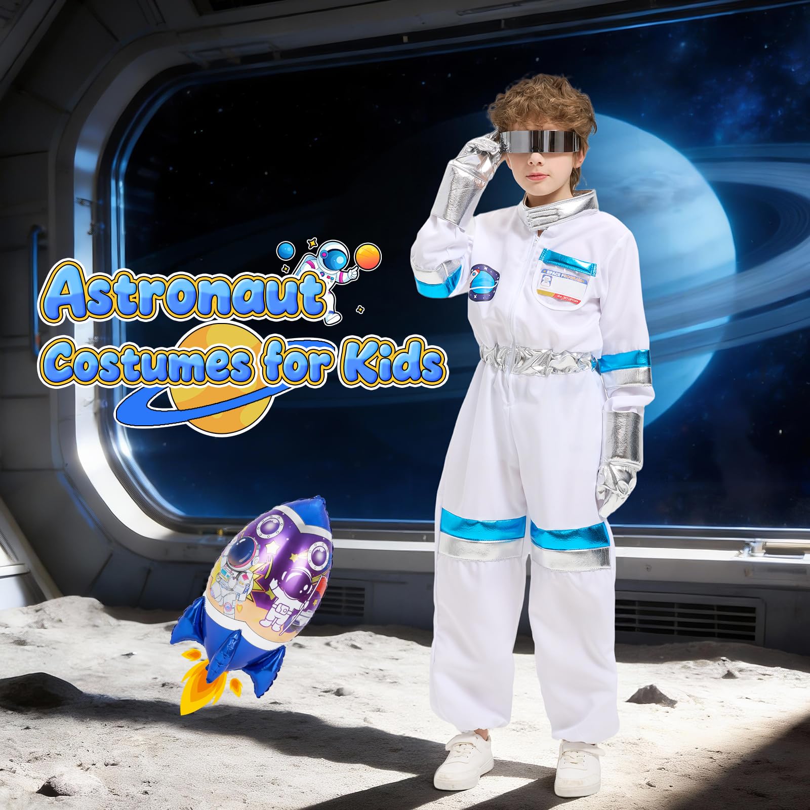 Lozzzyo Costume di Astronauta per Carnevale Bambini con Casco, Guanti e Cohete Gonfiabile - Costume Astronauta Ideale per Bambini e Bambine, Perfetto per Carnevale e Spettacoli Teatrali