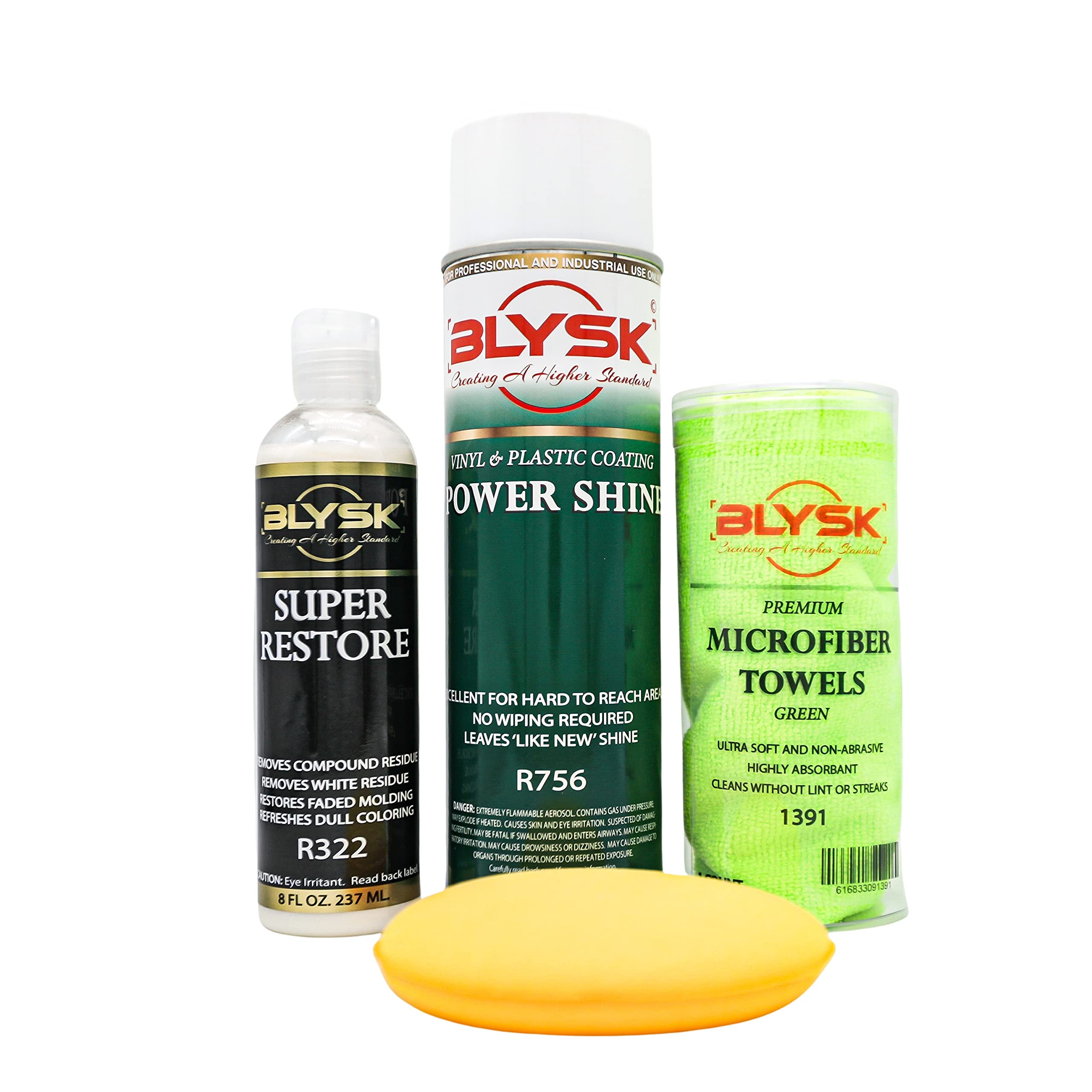 Blysk 4-Piece Restore and Shine Pack - Power Shine Vinyl & Plastic Coating (R756) 11oz, Super Restore 8oz, Microfiber Towel and Applicator Pad