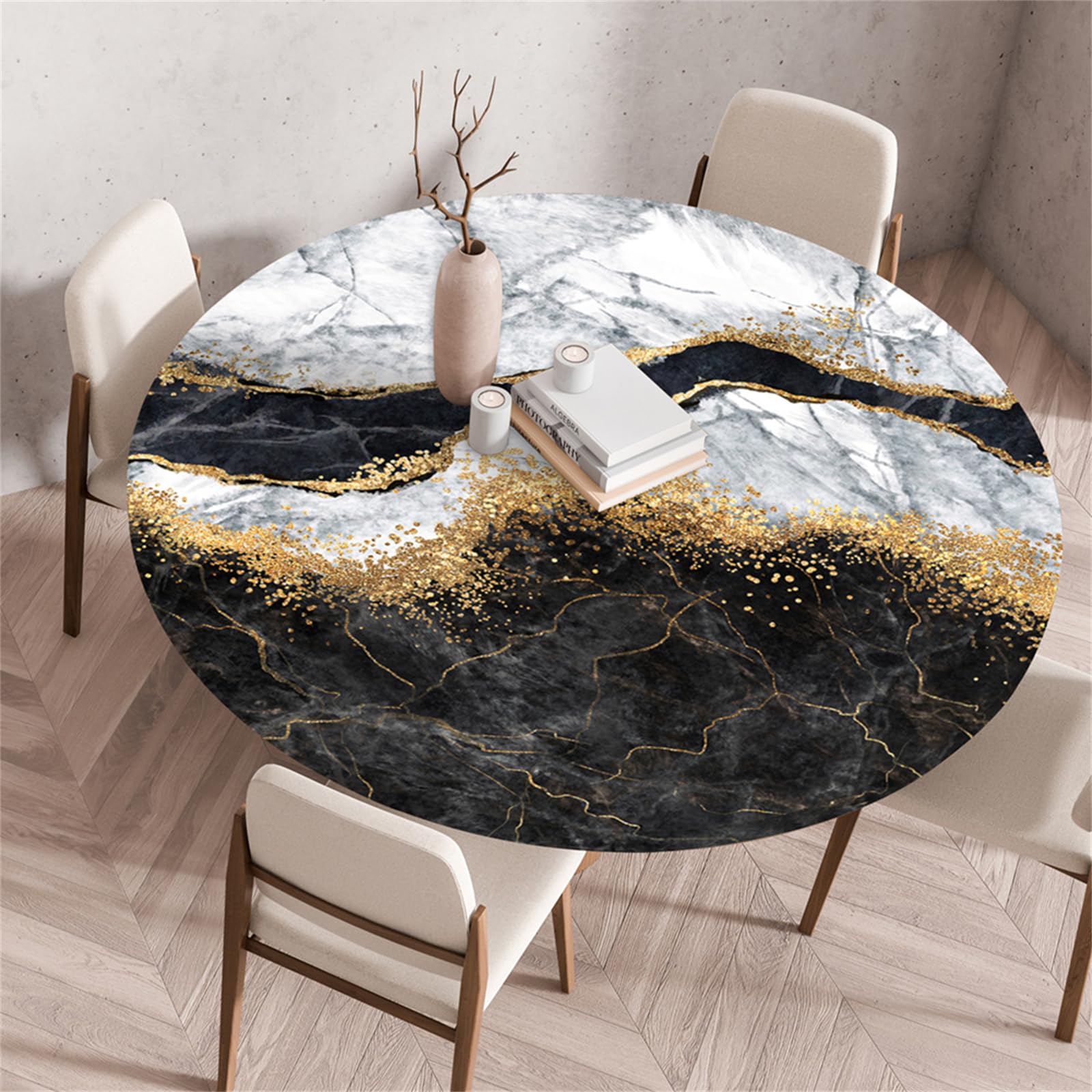 Muiuou Round Tablecloth, Marble Printing Tabletop, Reusable Waterproof Oil-Proof Elastic Edged Round Table Cover Cloth, Fitted Kitchen Restaurant Home Decoration