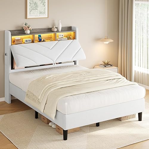 Miniatura 14 de Base de cama de terciopelo de tamaño matrimonial con cabecera ergonómica, plataforma tapizada con luz LED y estación de carga, soporte de listones